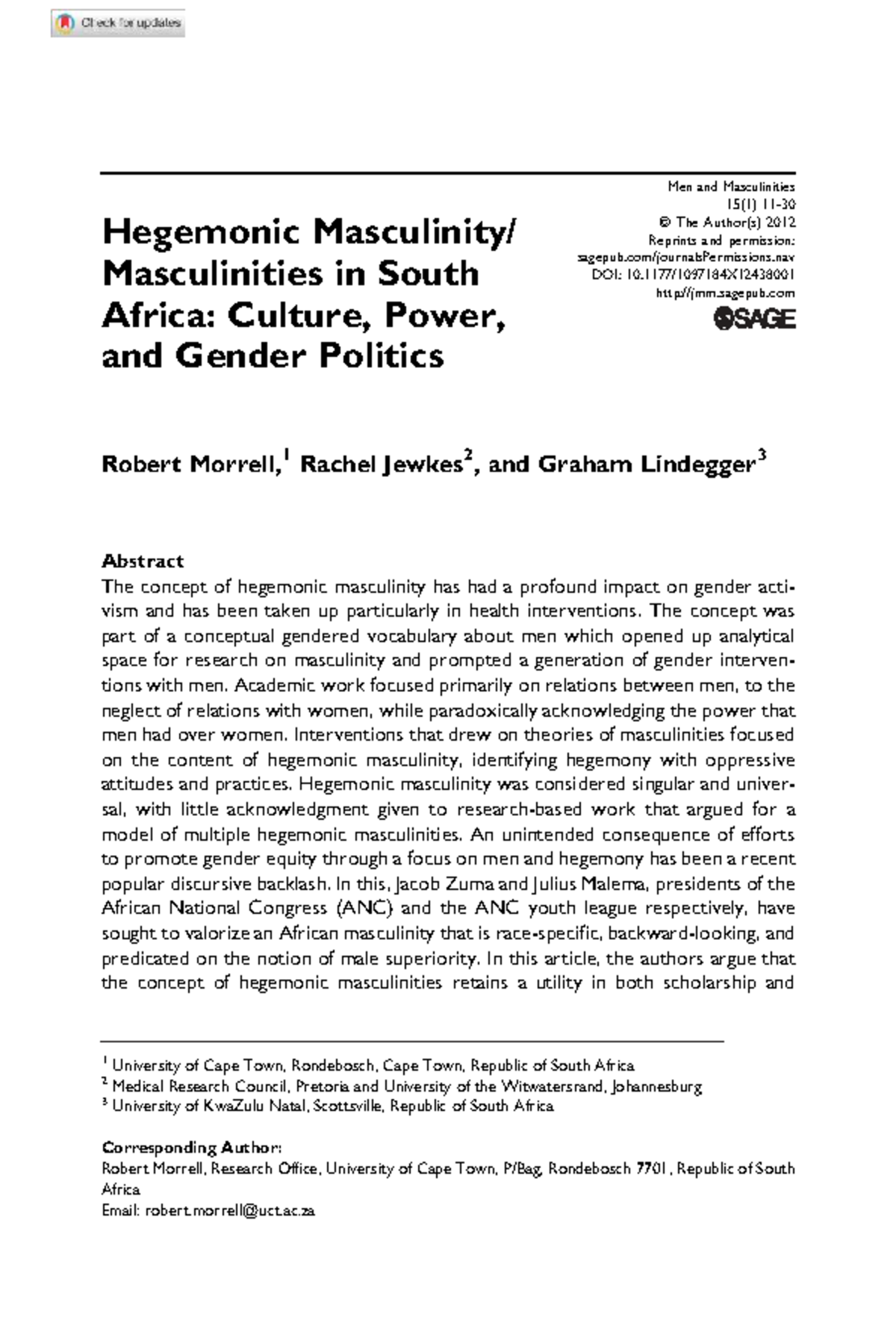 Hegemonic Masculinity in South Africa: Context, Challenges, and Changes ...