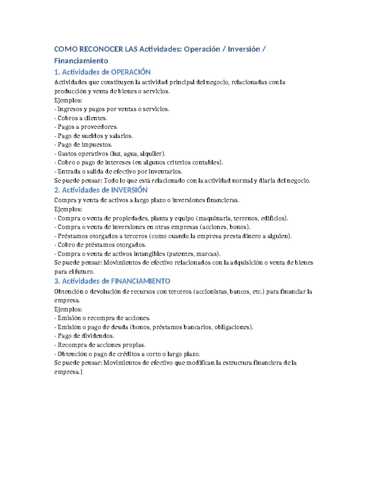 COMO RECONOCER LAS Actividades: Operación, Inversión y Financiamiento ...