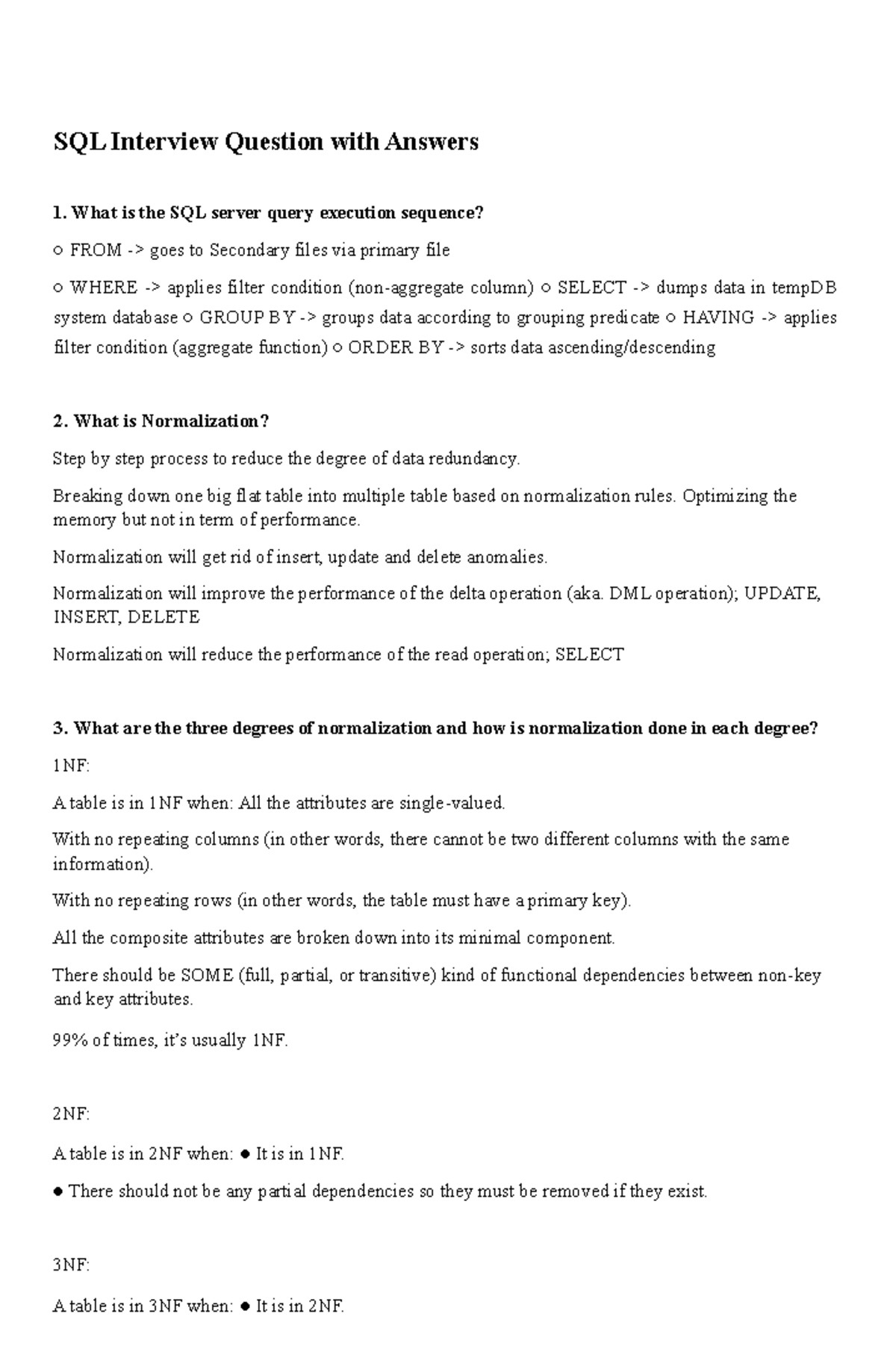 SQL Interview Questions & Answers: Key Concepts and Techniques - Studocu