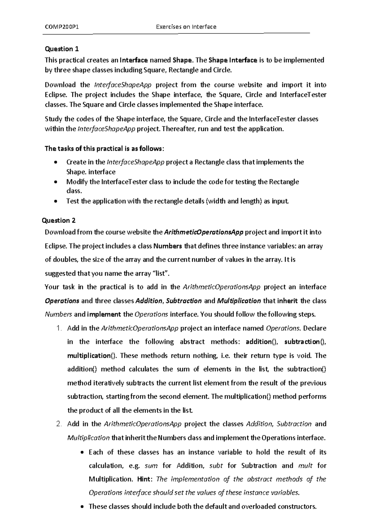 COMP200P1 Practical Exercises on Shape and Operations Interfaces - Studocu