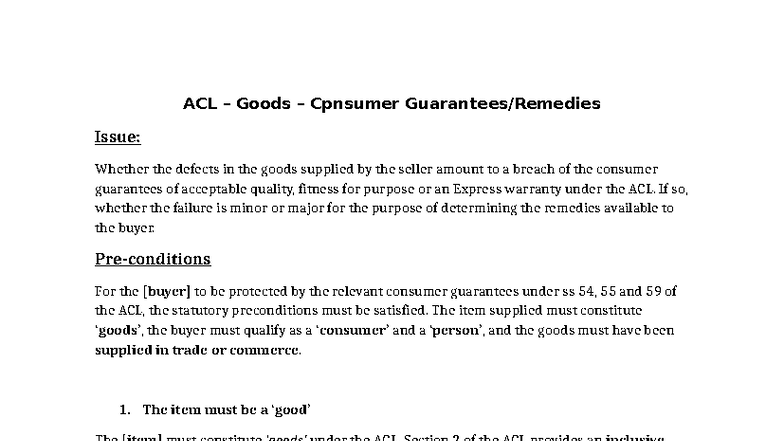 ACL Goods Consumer Guarantees: Breach of Quality & Warranty Issues ...