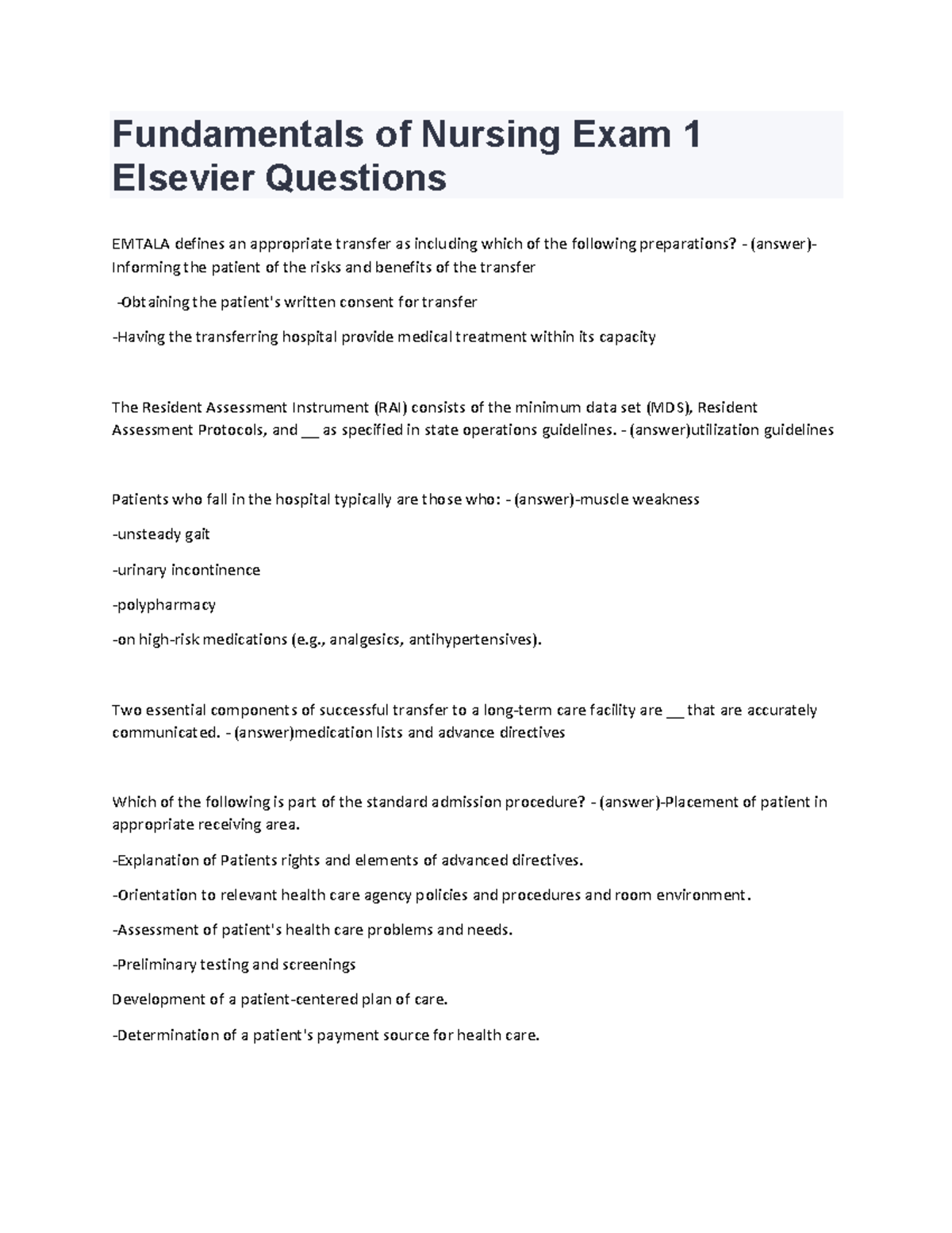 Fundamentals of Nursing Exam 1 Study Guide - Elsevier Insights - Studocu