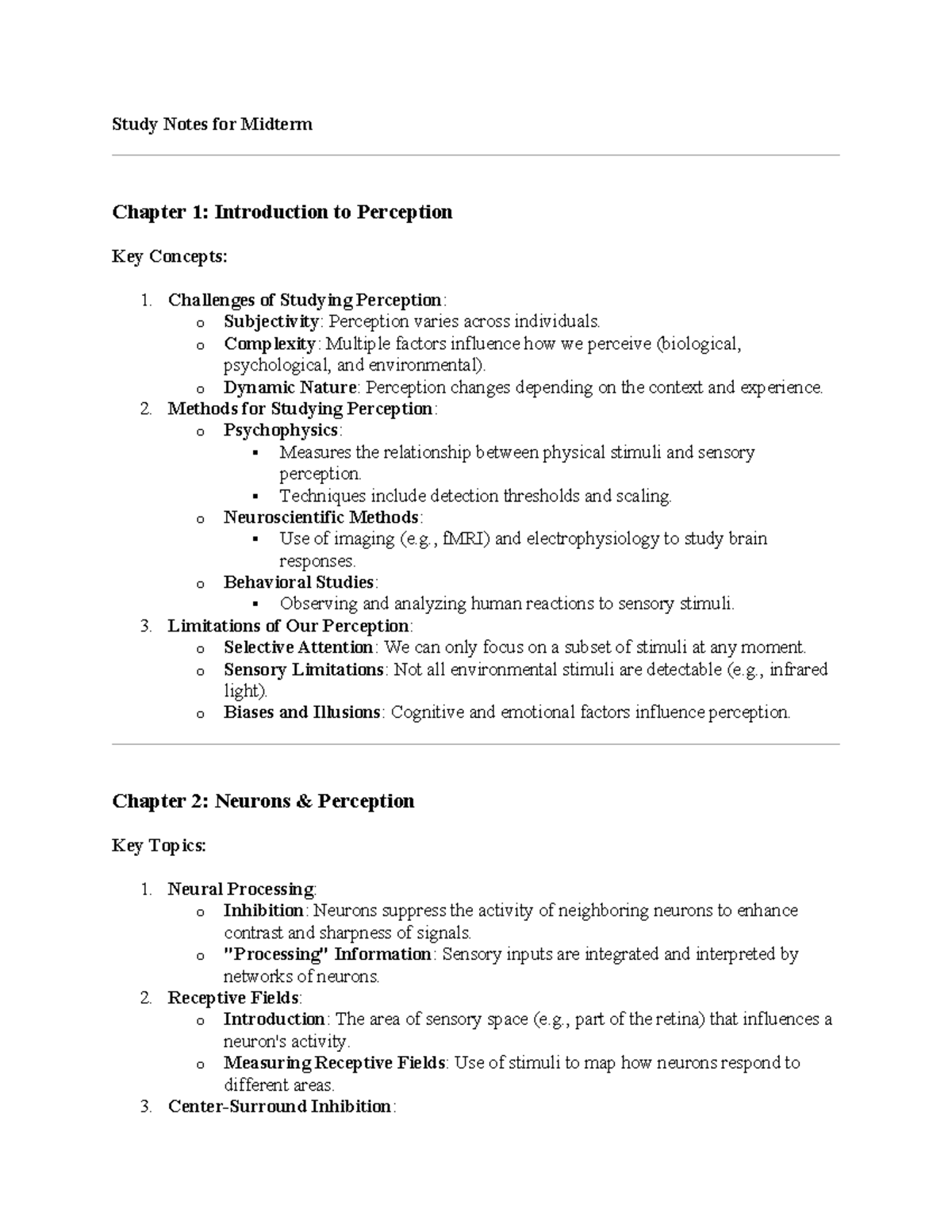 Study Notes for Midterm PS262: Perception, Neurons, and Vision Insights ...