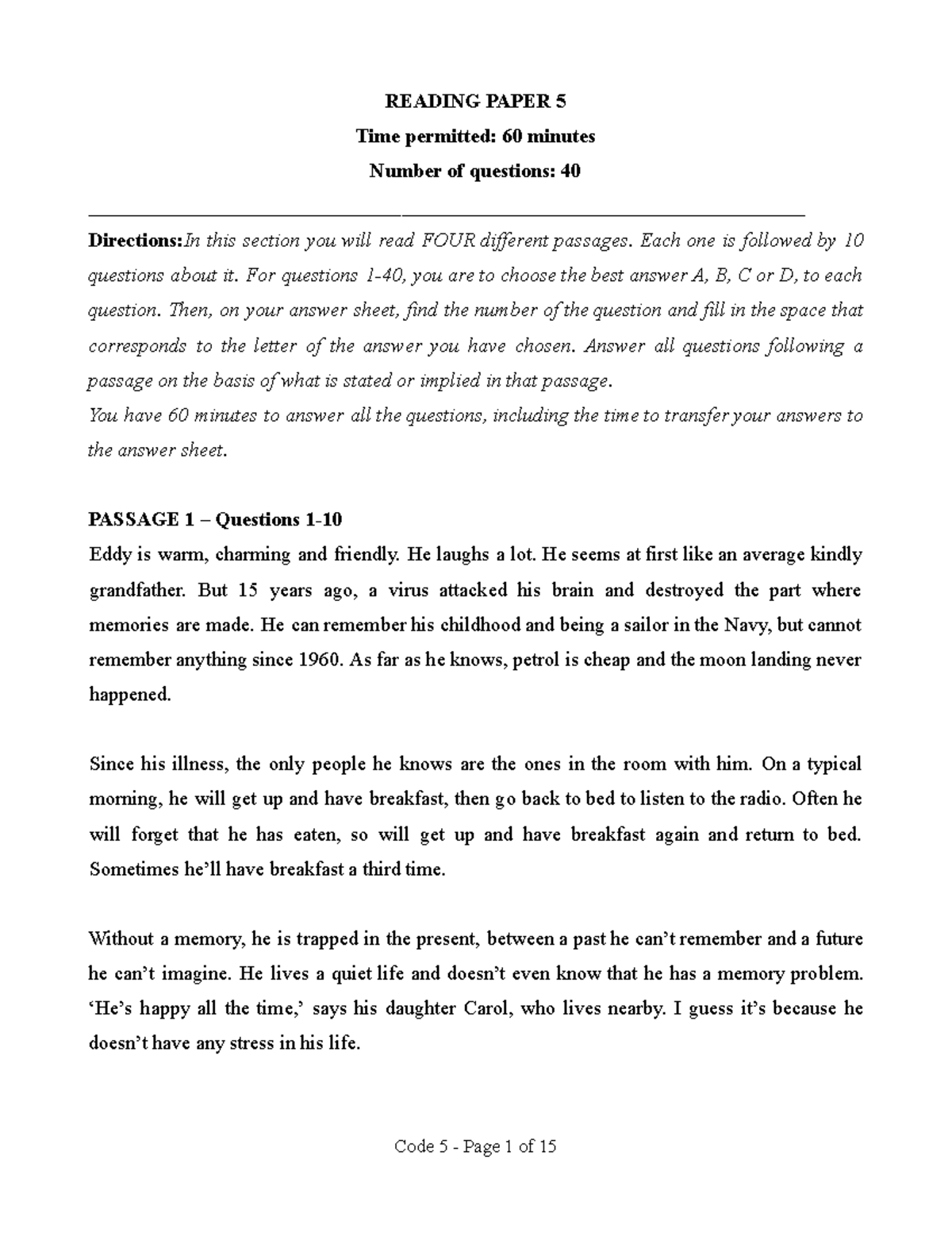 TEST 5: Reading Comprehension and Memory Analysis - Studocu