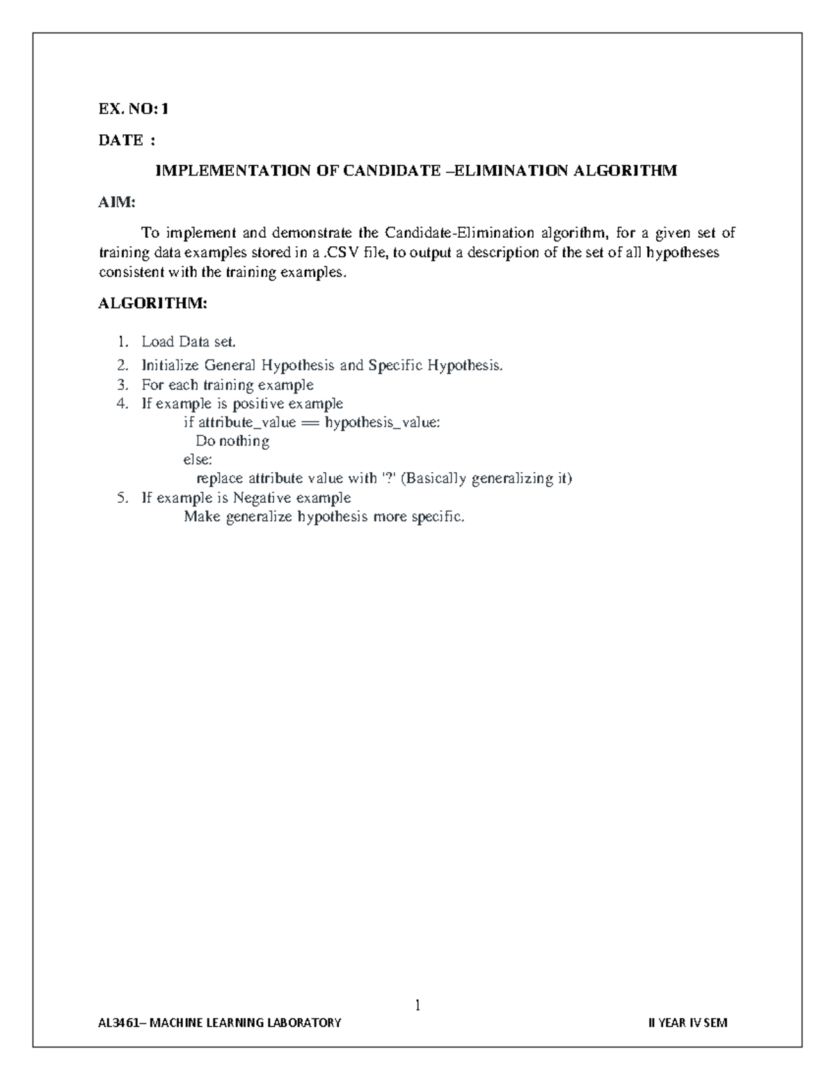 AD3461 ML LAB: Candidate-Elimination Algorithm Implementation - Studocu