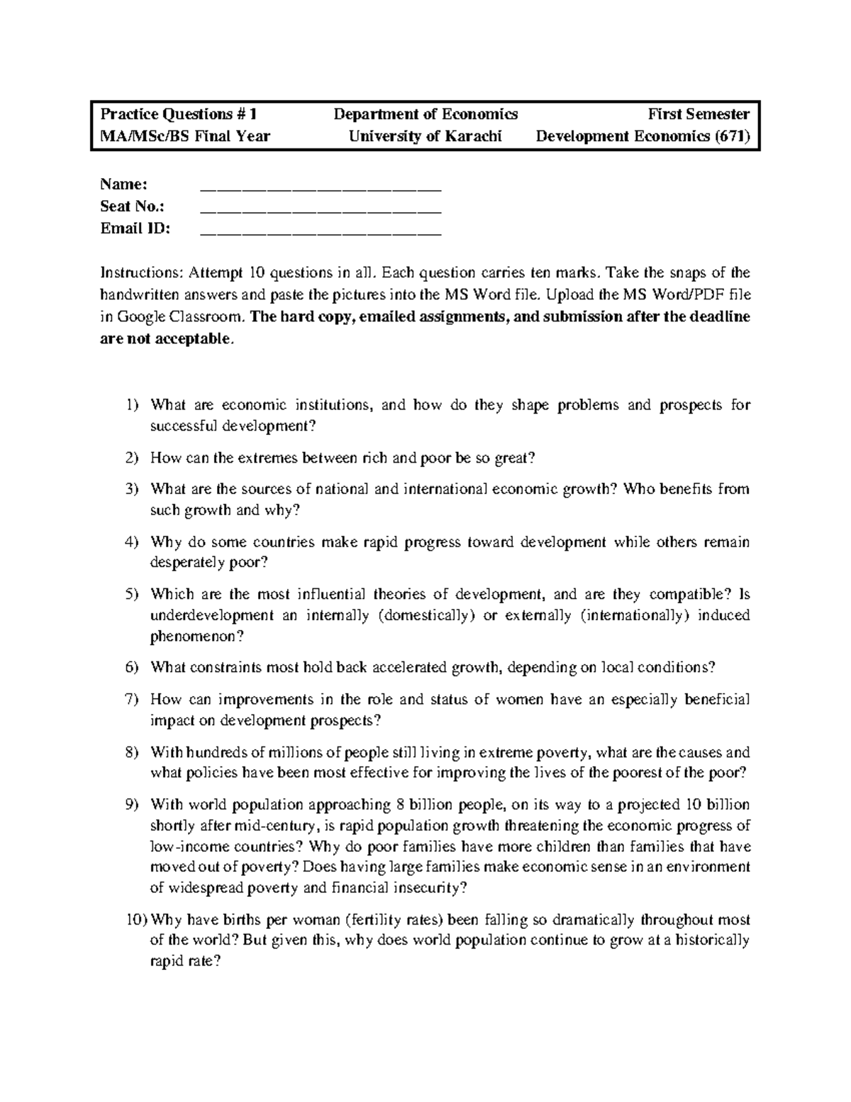 Practice Questions: Development Economics (671) Final Year Notes - Studocu