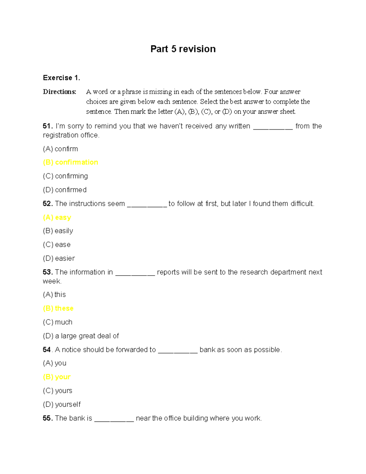 Part 5 Revision Exercise 1 - Test 1 for Course Code: 10 - Studocu