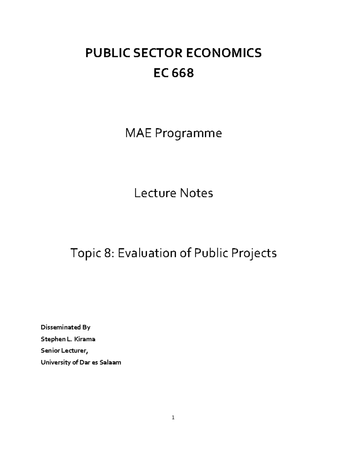 Evaluation of Public Projects - EC 668 Lecture Notes - Studocu