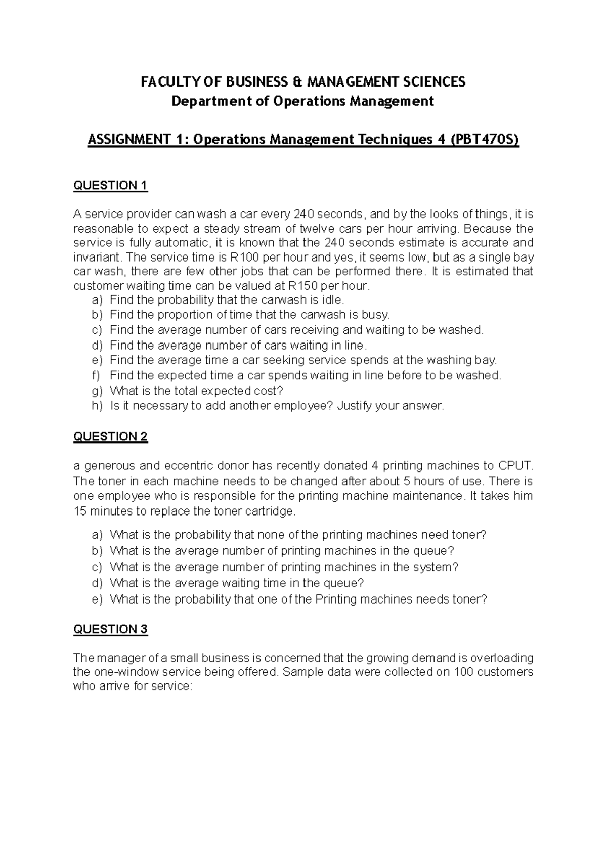 PBT470S: Assignment 1 - Operations Management Techniques - Studocu