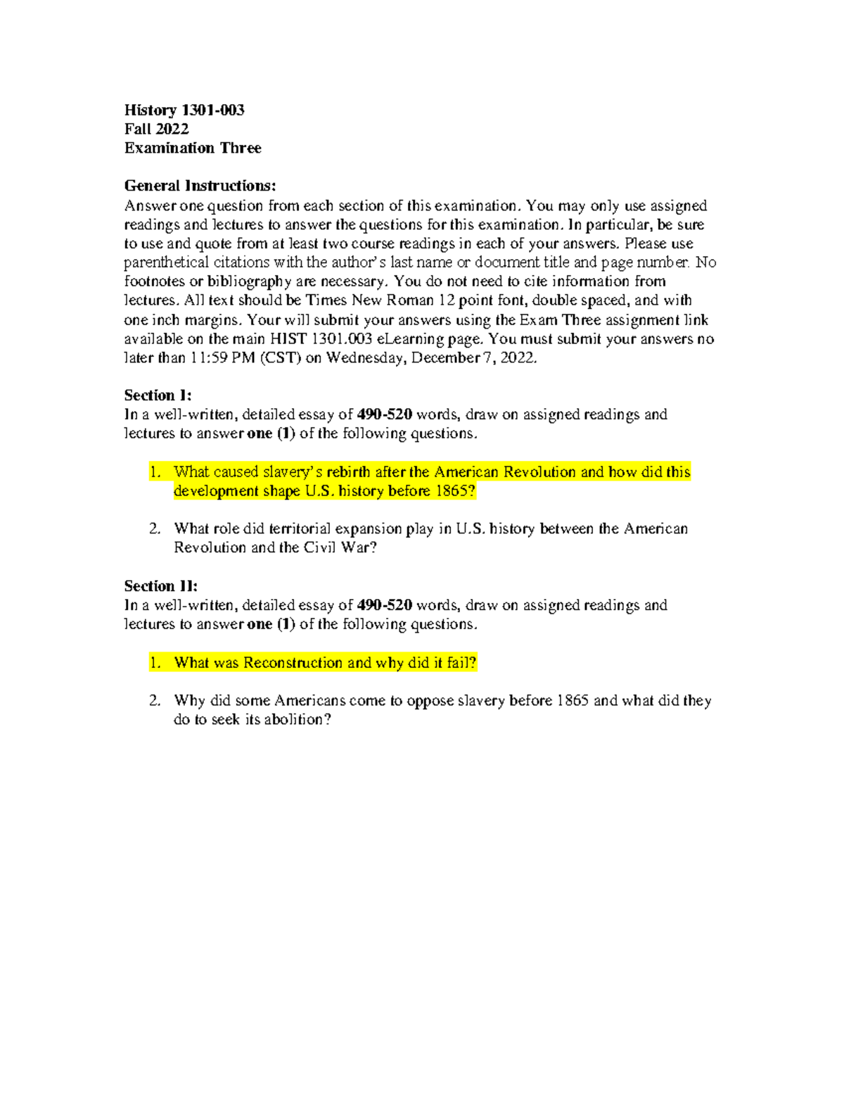 HIST 1301 003 Exam Three Study Guide - Fall 2022 Analysis - Studocu