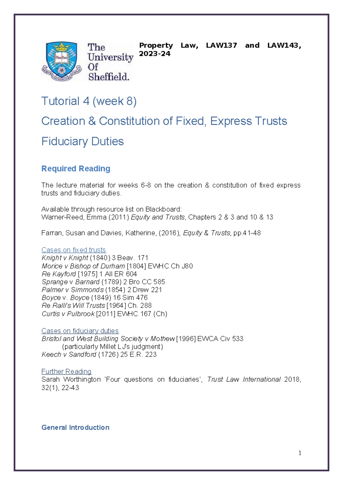 23-24 LAW137/143 T4 - Week 8: Fixed Trusts & Fiduciary Duties Notes ...