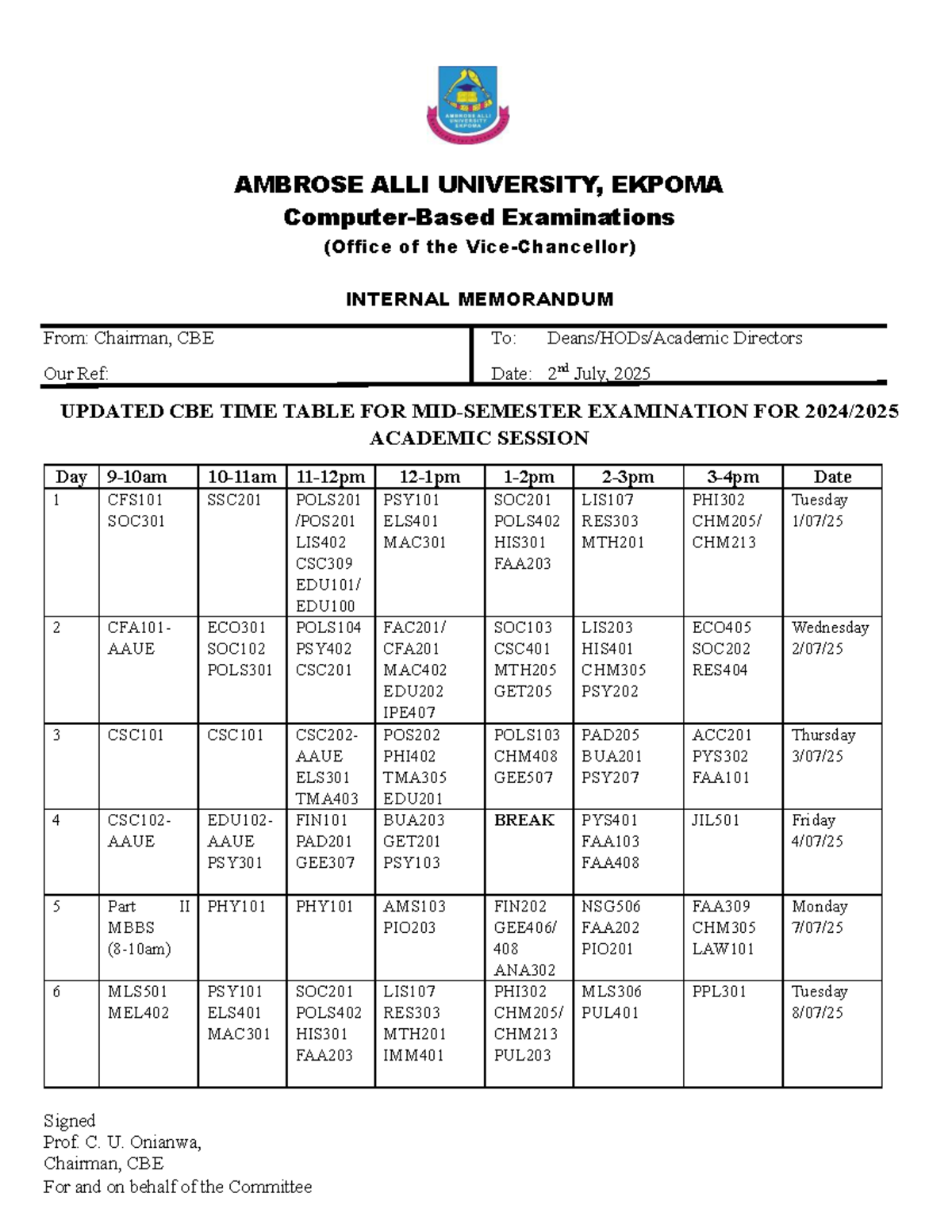 Updated CBE Time Table for 2024/2025 Mid-Semester Exam - Studocu