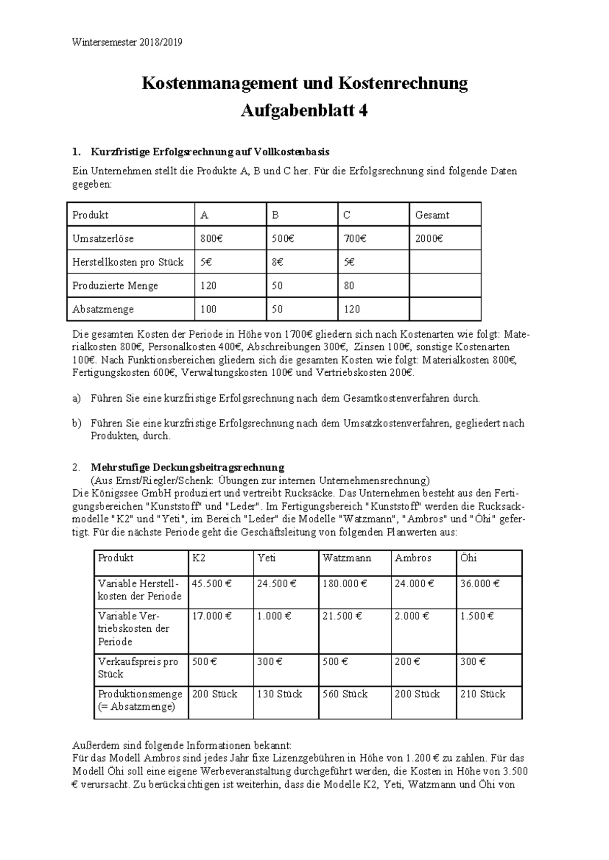 Kostenmanagement und Kostenrechnung - Blatt 4 - Wintersemester 2018/ ...