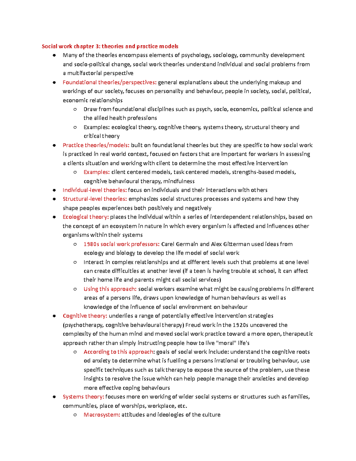 Social Work Chapter 3: Theories & Practice Models Overview - Studocu