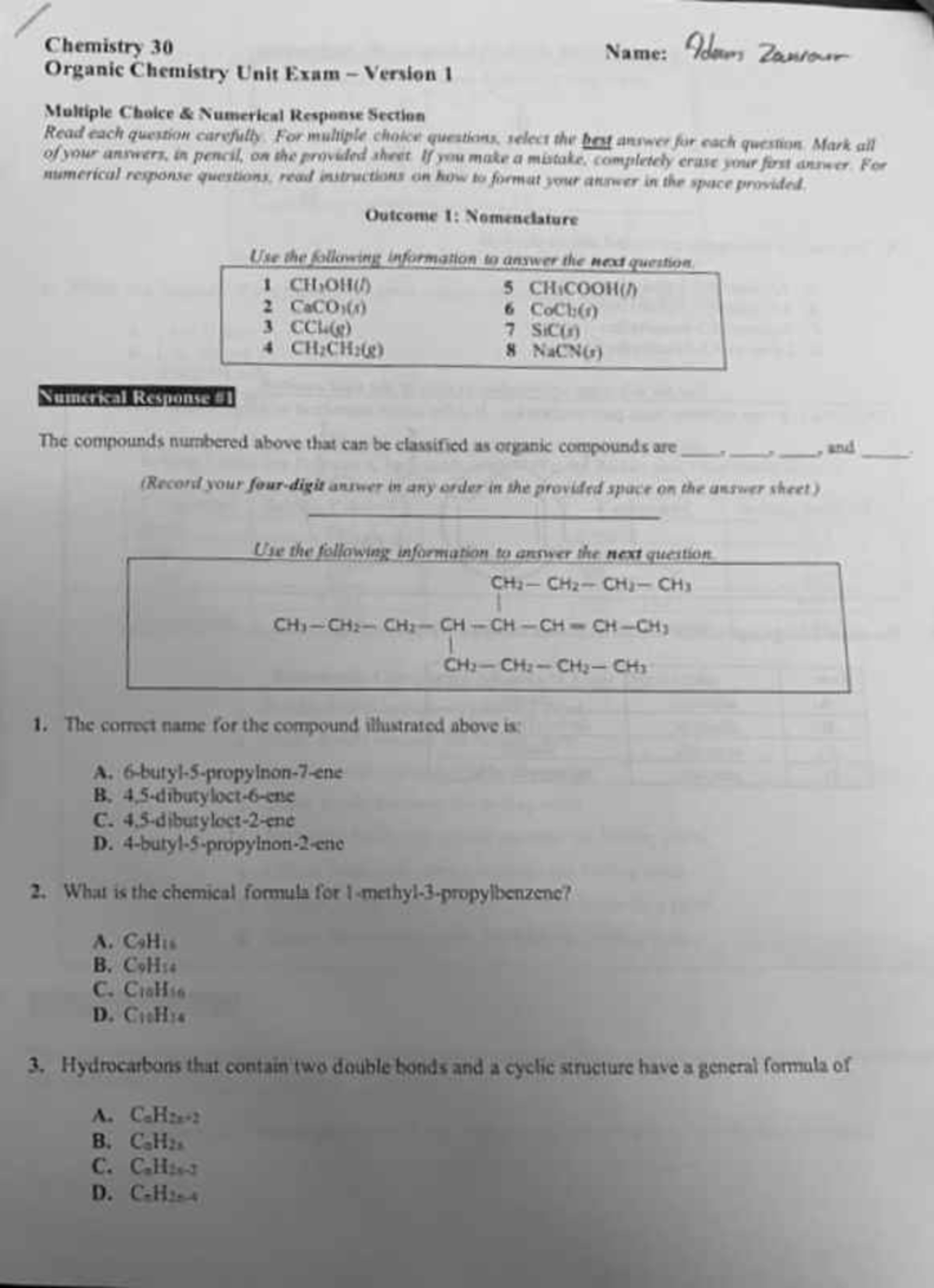 Chem 30 Organic Chemistry Unit Exam - Practice Questions - Studocu