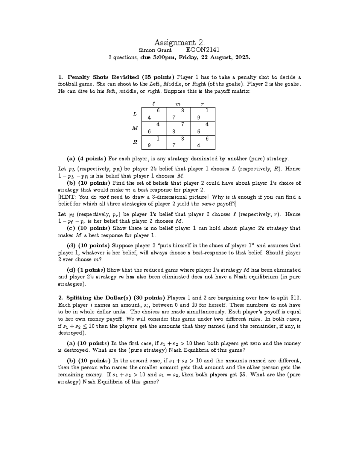 ECON2141 2025S2 Assignment 2: Game Theory Analysis and Strategies - Studocu