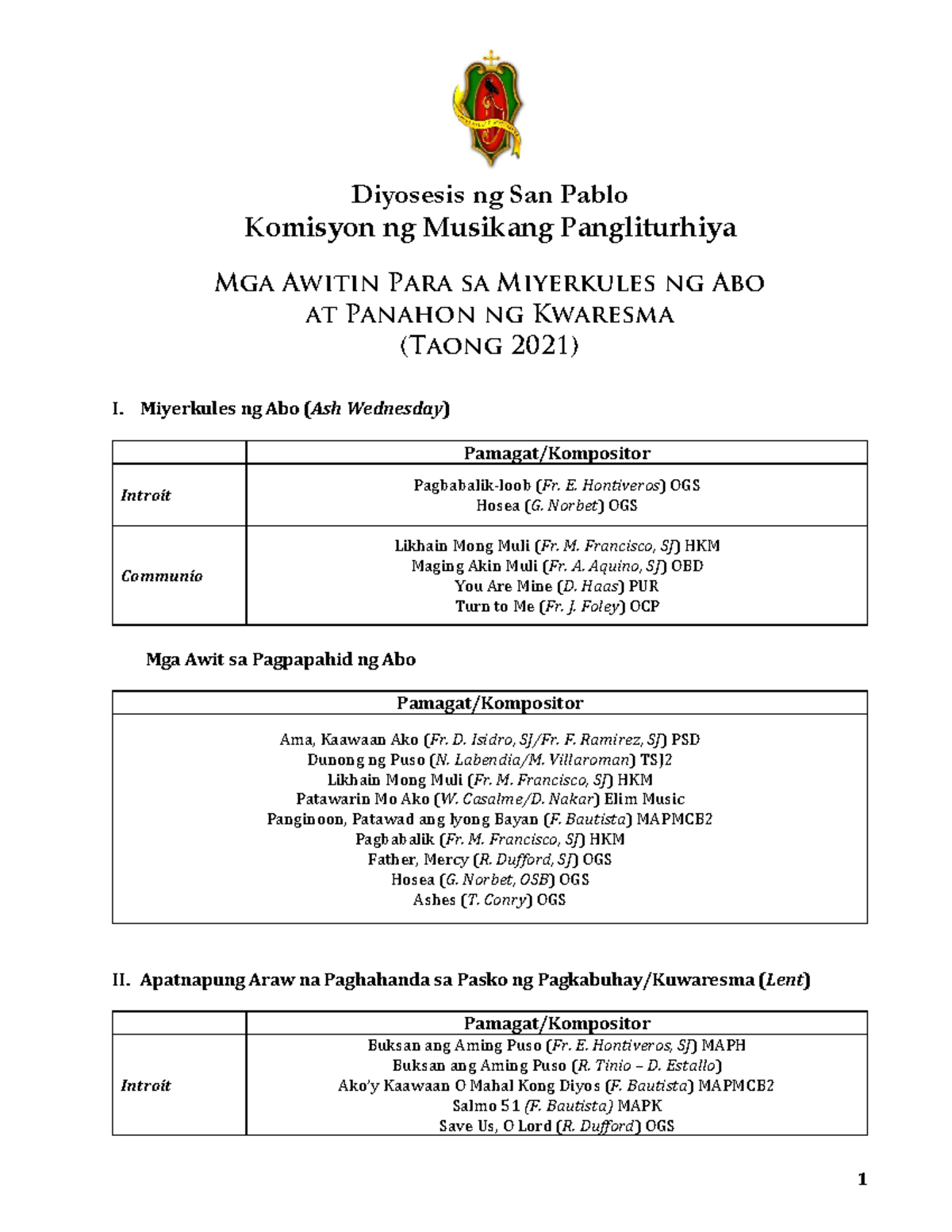 Ash Wednesday & Lent Songs 2021 DCLM San Pablo - Document Preview