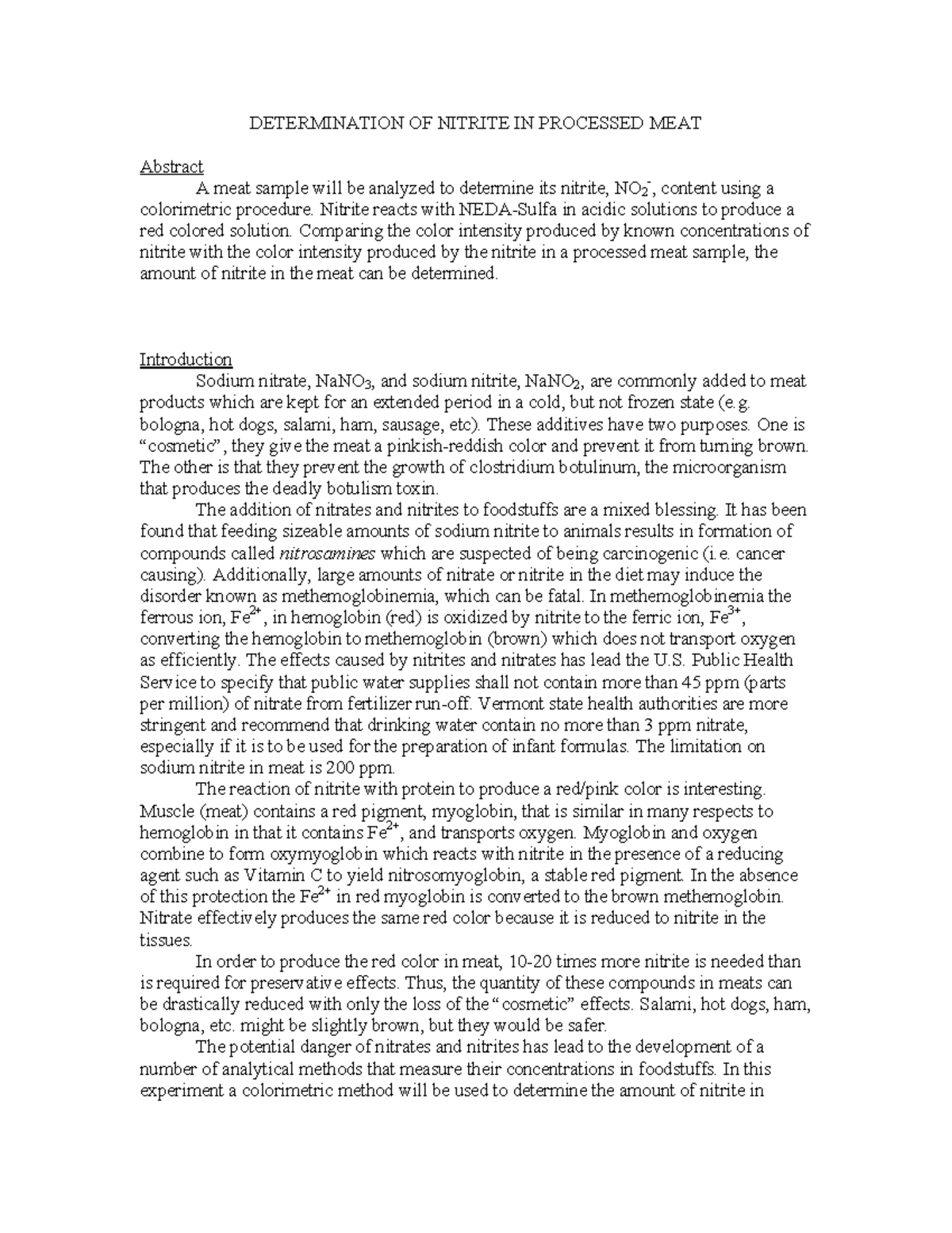 Determination of Nitrite Levels in Processed Meat Samples (CHEM 101 ...