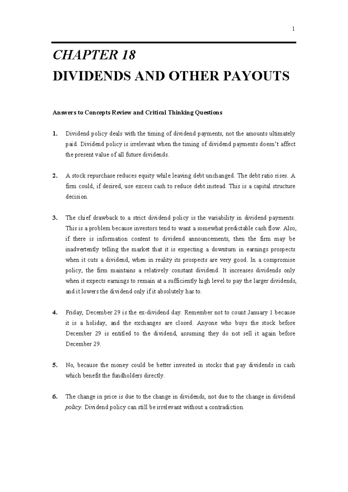 Ross. Westerfield. Jaffe. Jordan Chapter 18 Solution - CHAPTER 18 ...