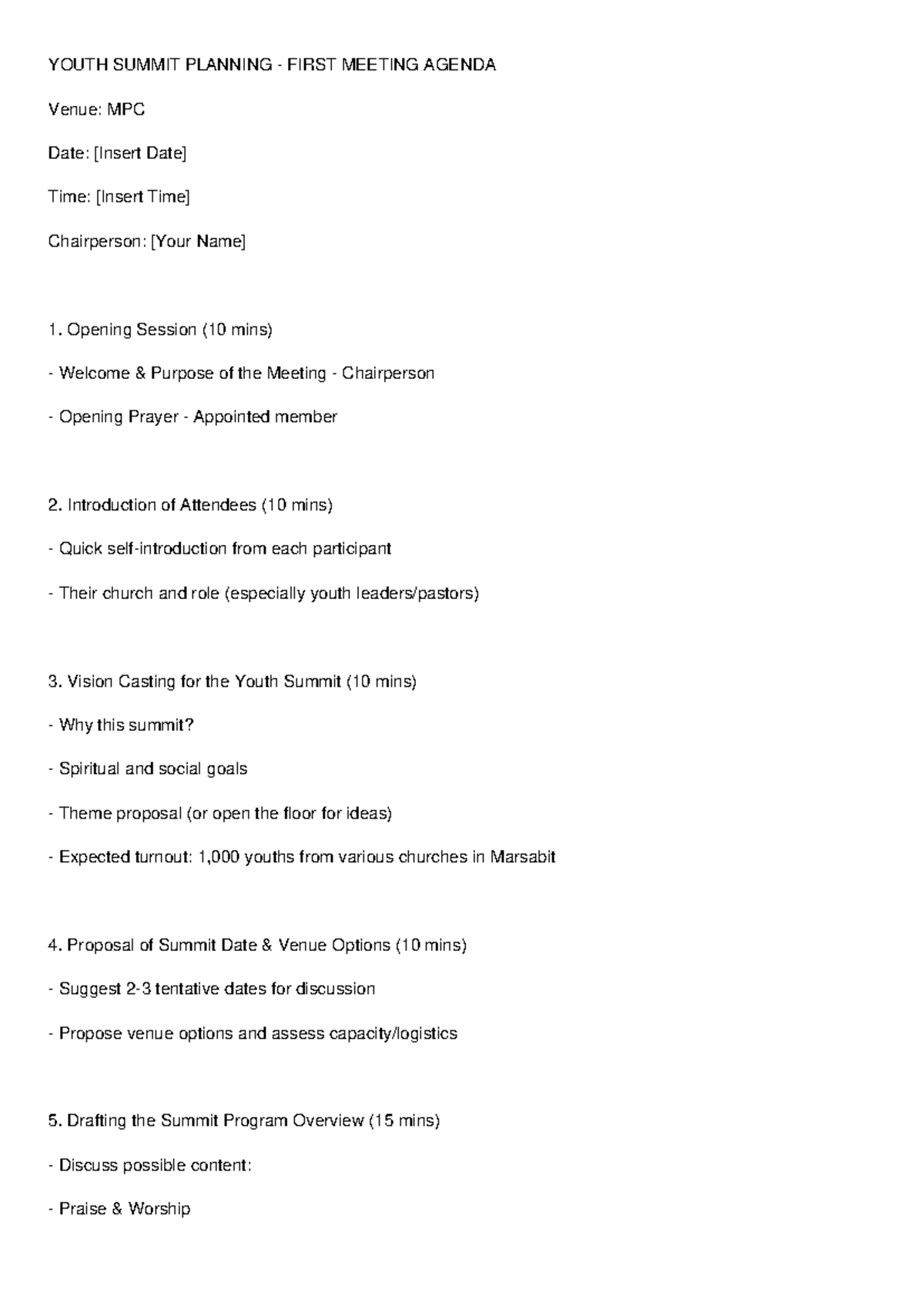 Youth Summit Planning Meeting Agenda - MPC - Studocu