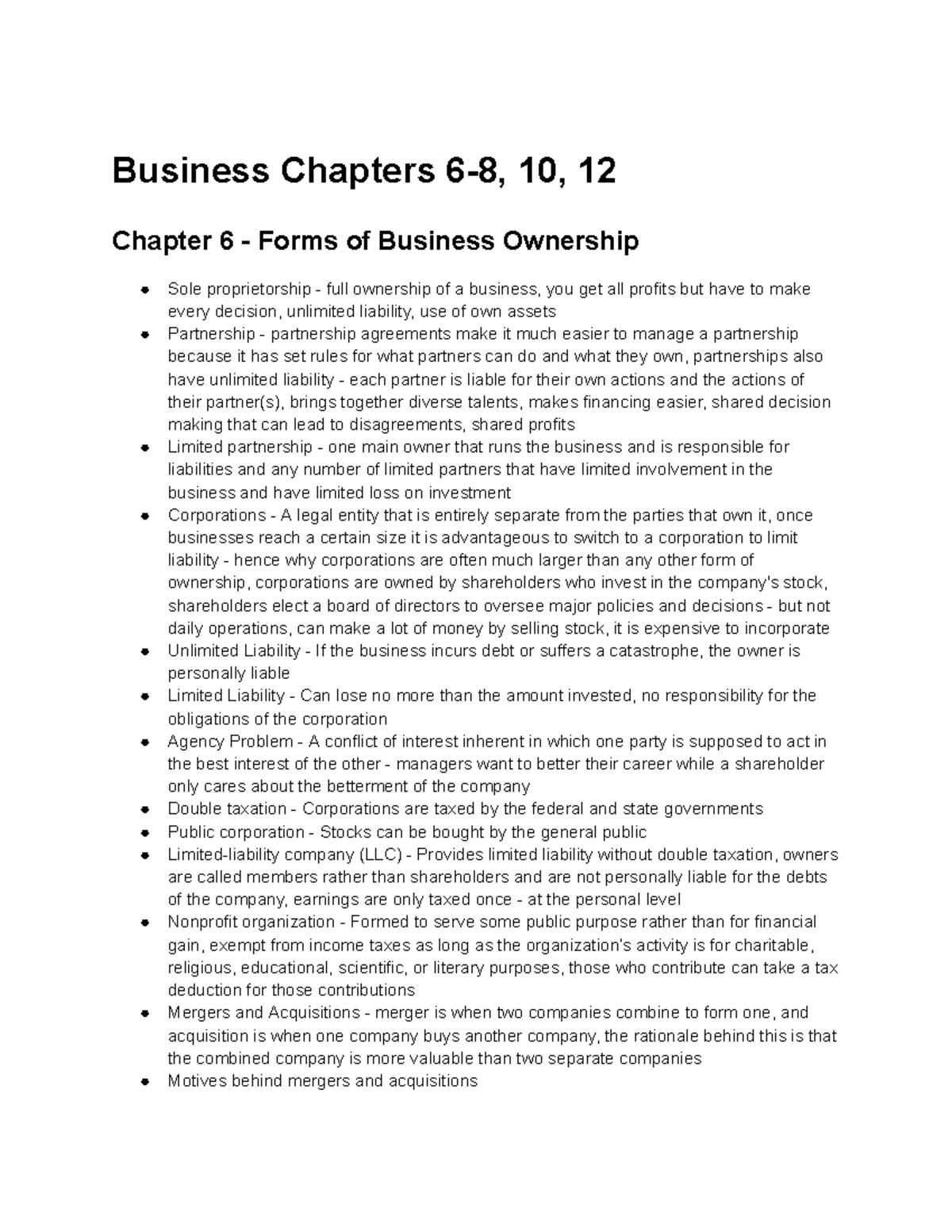 Business Chapters 6-8, 10, 12 - Business Chapters 6-8, 10, 12 Chapter 6 ...