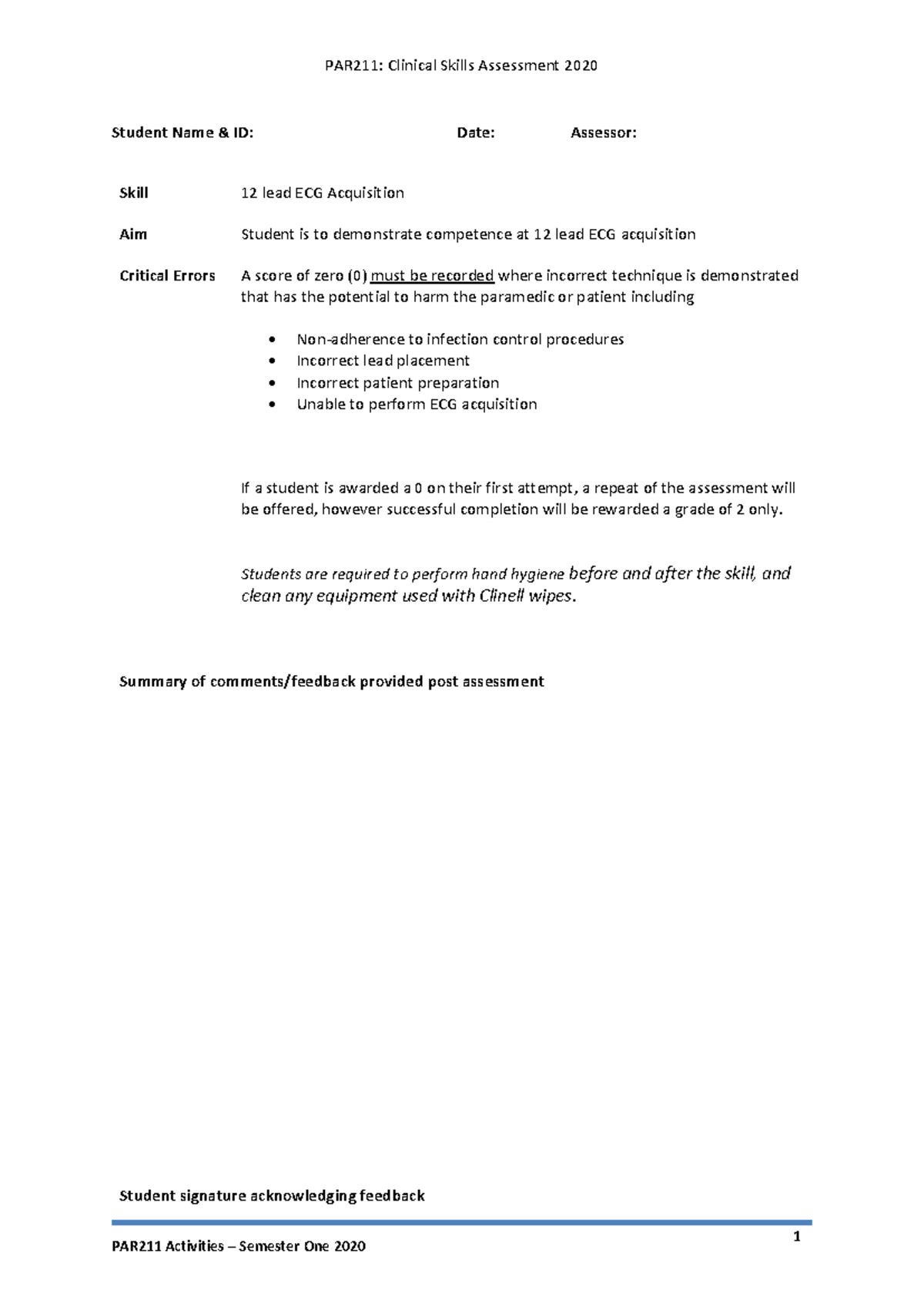 Clinical Skills 12 Lead - 1 Student Name & ID: Date: Assessor: Skill 12 ...