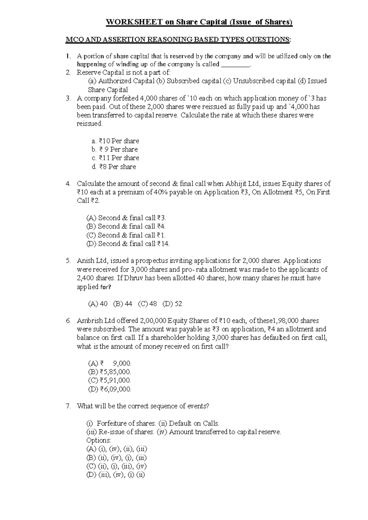 Worksheet on Share Capital (Issue of Shares) MCQ & Assertion Questions ...