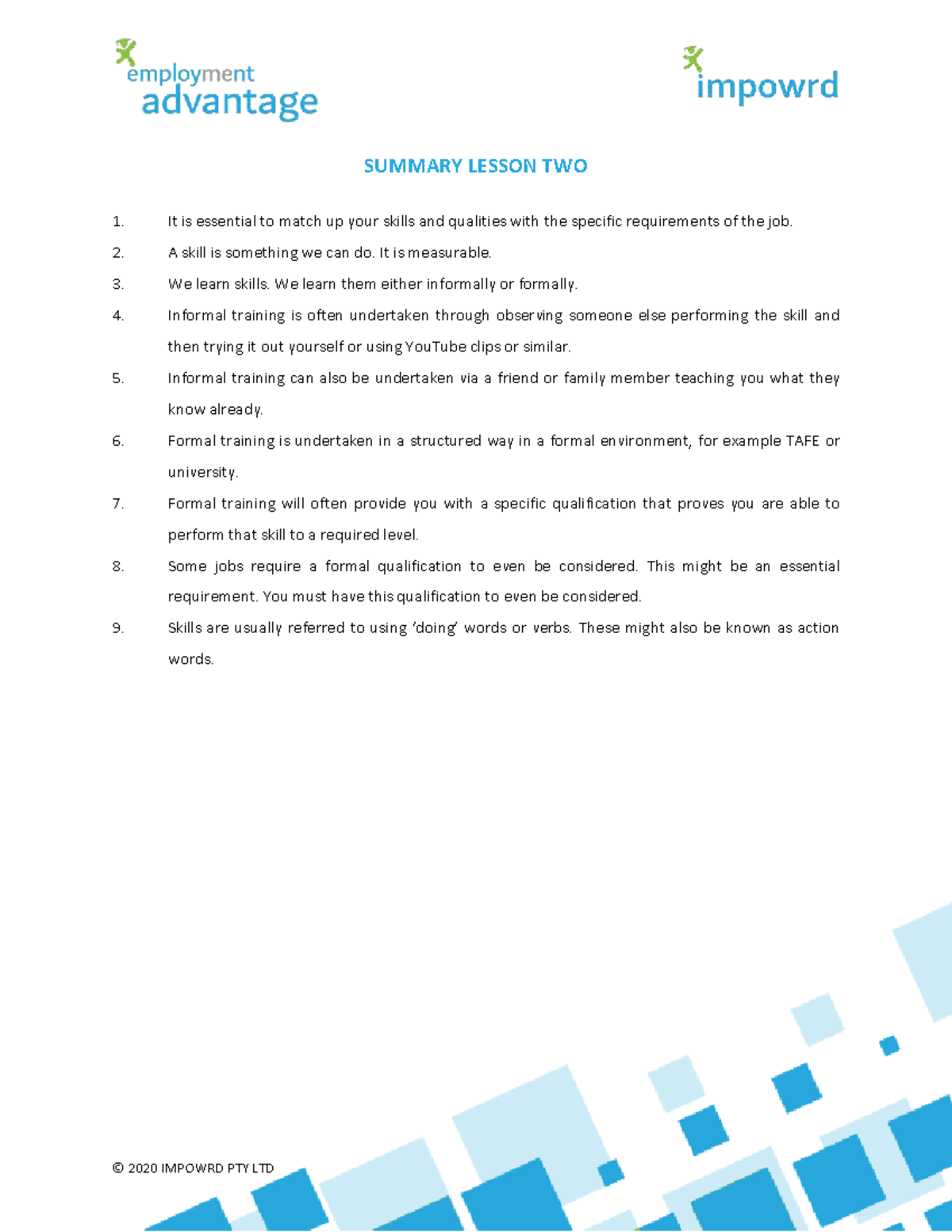 Employment Advantage Lesson 2 Summary: Skills & Training Insights - Studocu