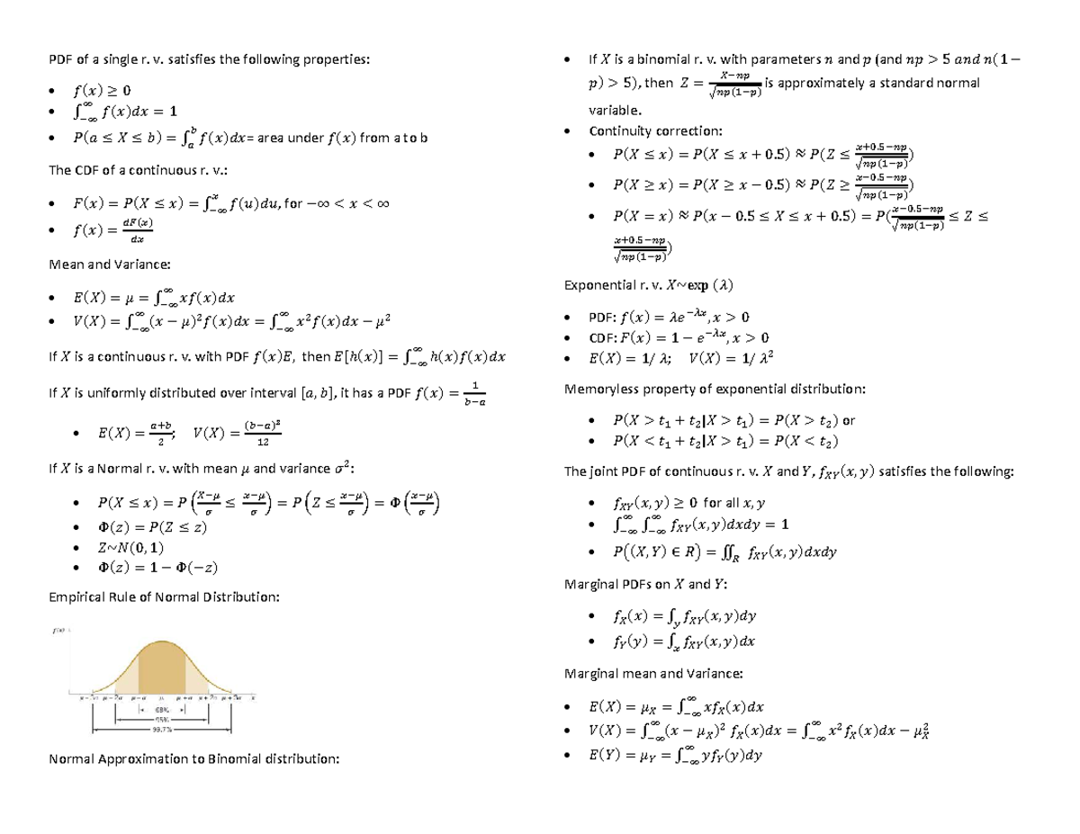 INDE2333 Formula Sheet for Exam 2 on Random Variables - Studocu
