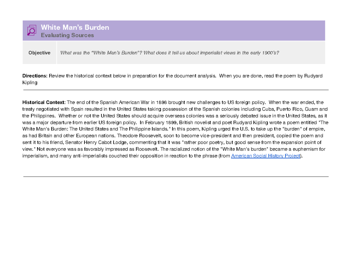Analyzing White Man's Burden - White Man’s Burden Evaluating Sources ...