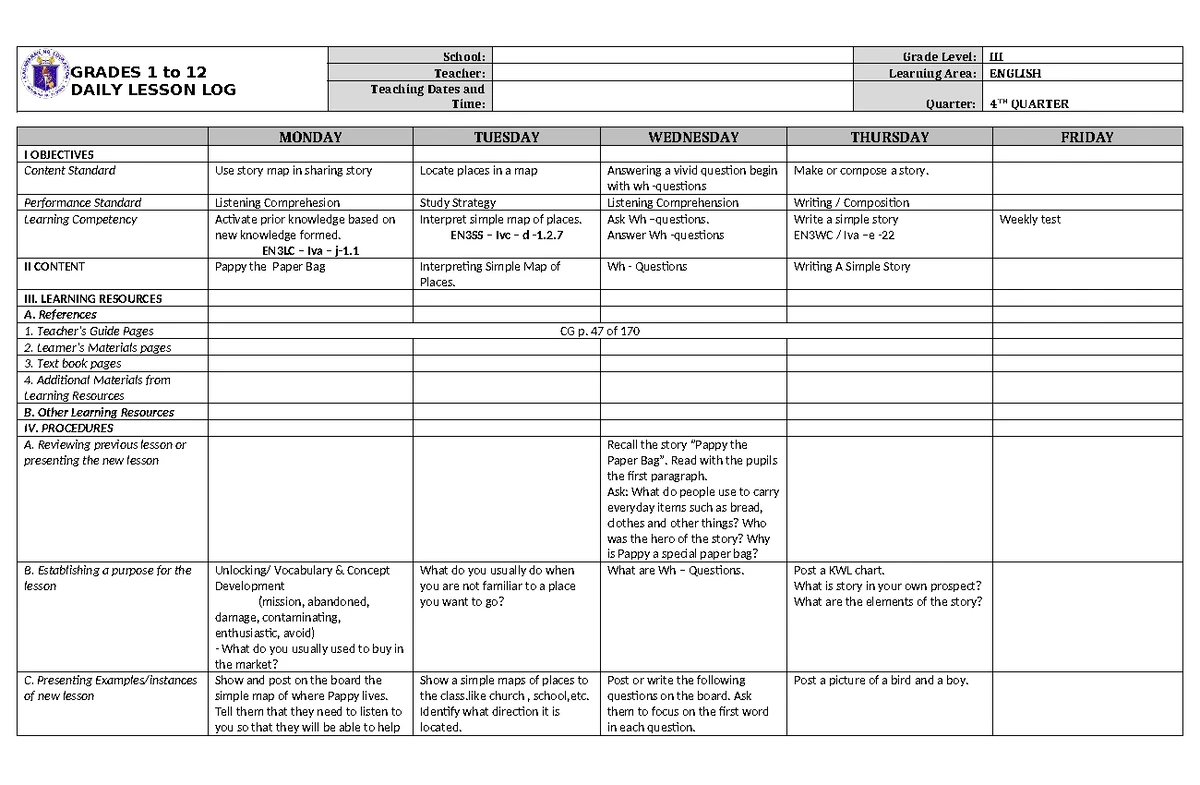 DLL Filipino 3 Q4 W1 - Daily Lesson Log for SY 2021-2022 - Studocu
