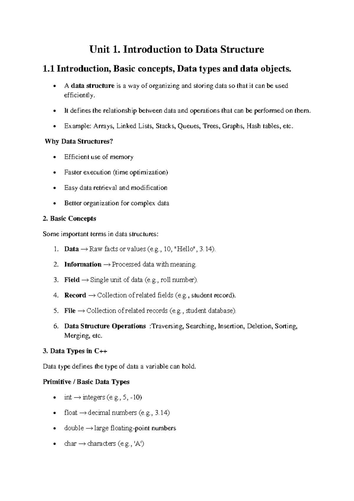 DS 101: Unit 1 - Intro to Data Structures & Basic Concepts - Studocu