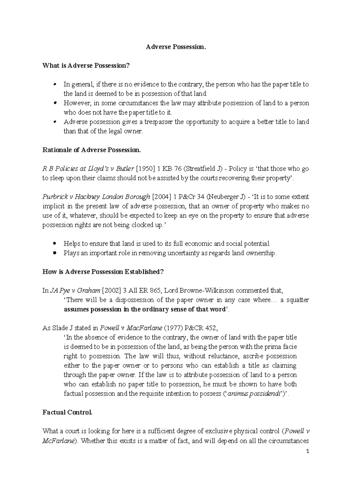 Adverse Possession: Key Concepts and Legal Framework Overview - Studocu