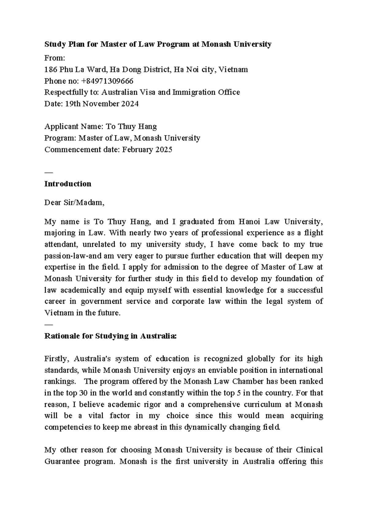 Study Plan for Master of Law (LLM) at Monash University - Studocu