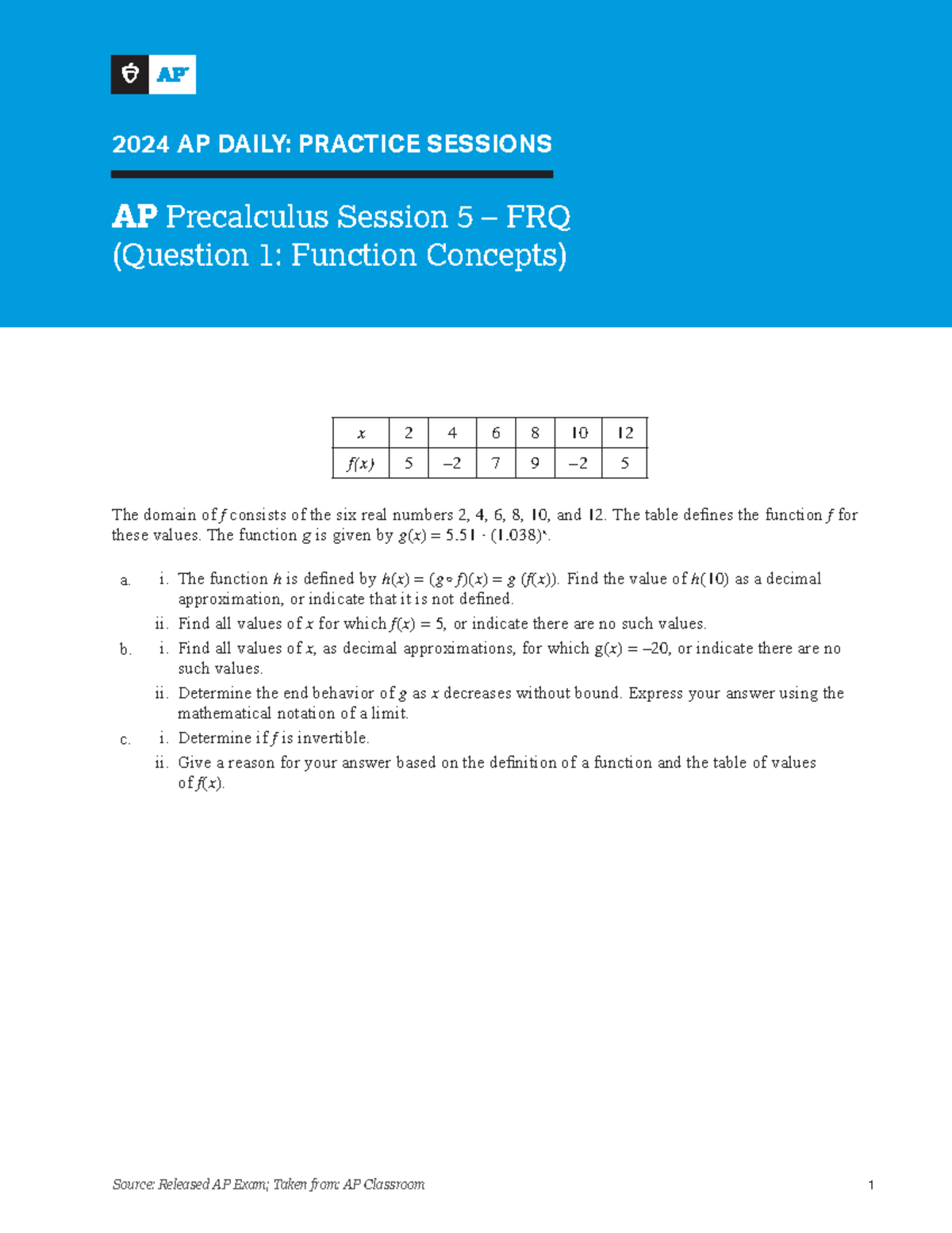 AP Precalculus Session 5 Worksheet - Function Concepts & Analysis - Studocu