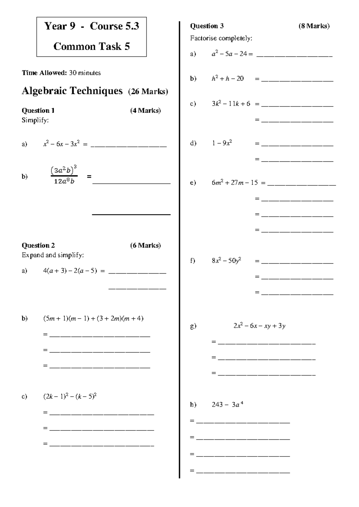 2016 Year 9 Course 5.3 Common Task 5 - Algebra & Linear Relationships ...
