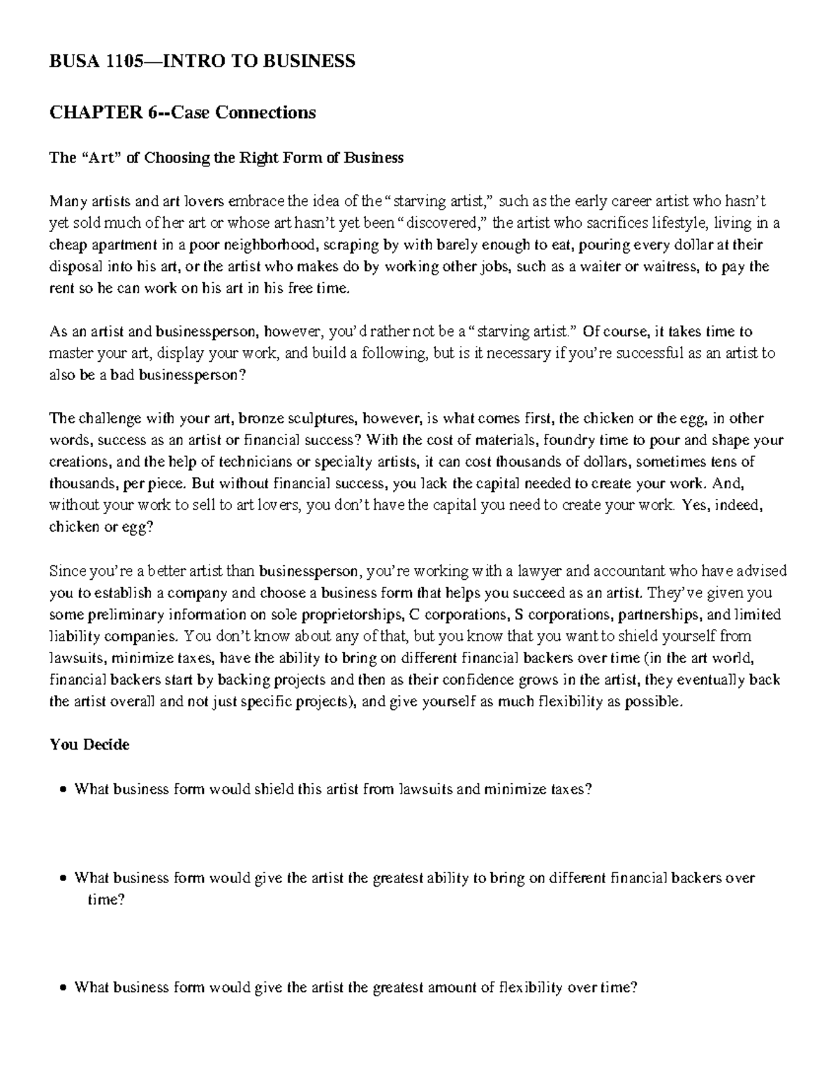 BUSA 1105 Chapter 6 Case Study: Choosing the Right Business Form - Studocu