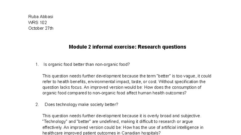 WRS 102 Module 2 Informal Exercise: Developing Research Questions - Studocu