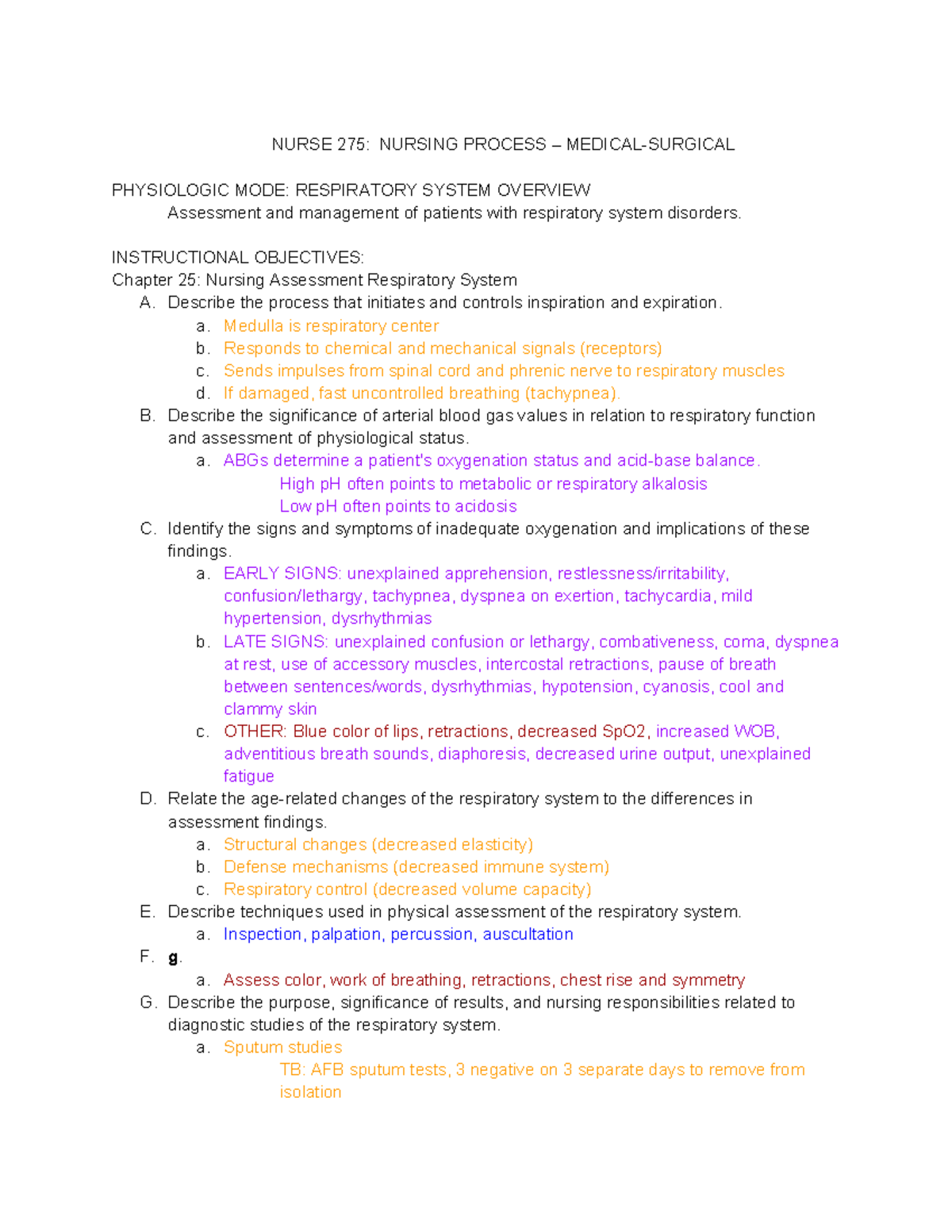 NURSE 275: Respiratory System Assessment & Management Study Guide - Studocu