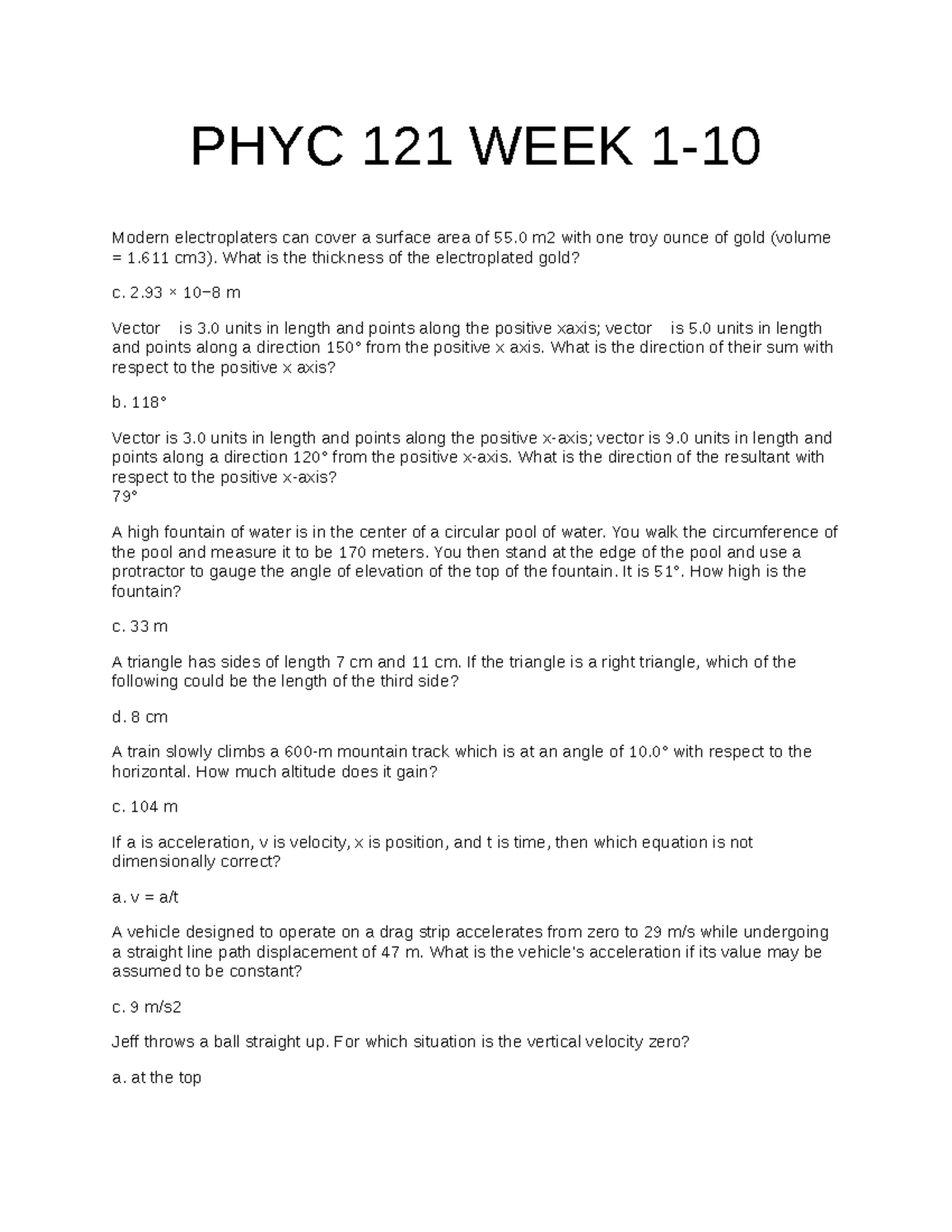 PHYC 121 WEEK 1 Study Guide: Key Concepts and Problems - Studocu