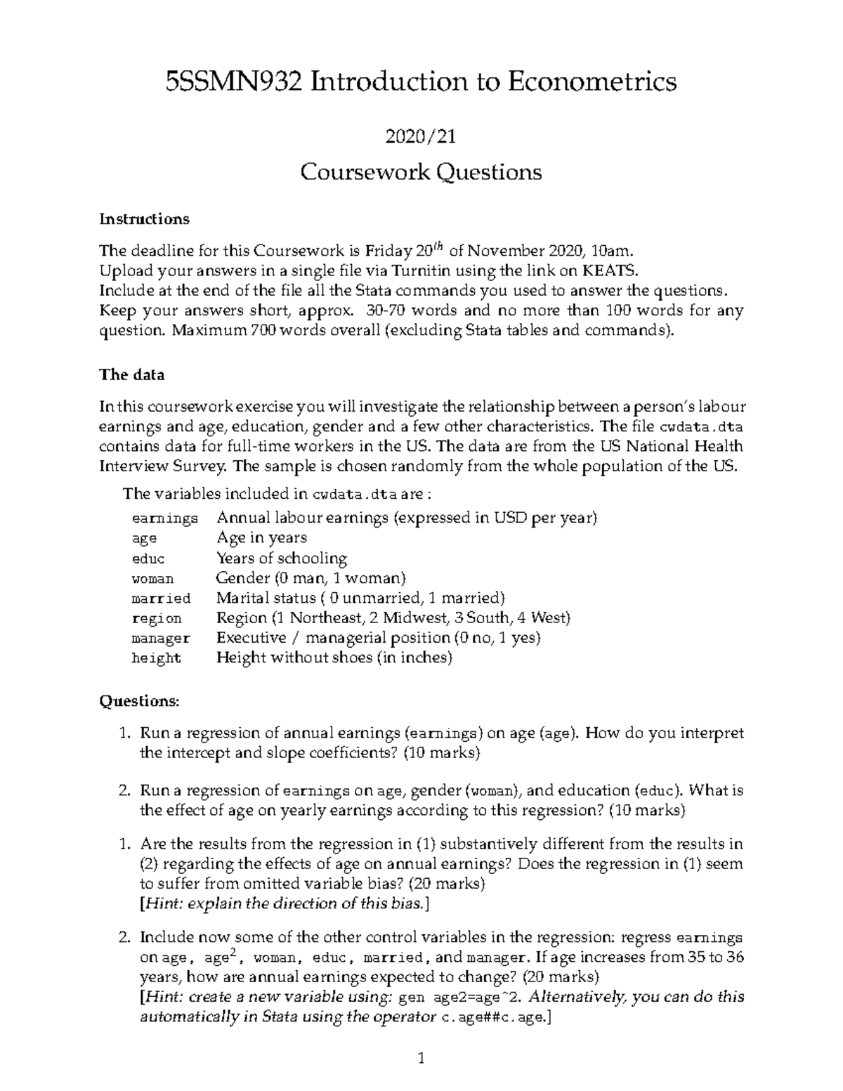 Practice CW answers - 5SSMN932 Introduction to Econometrics 2020 ...