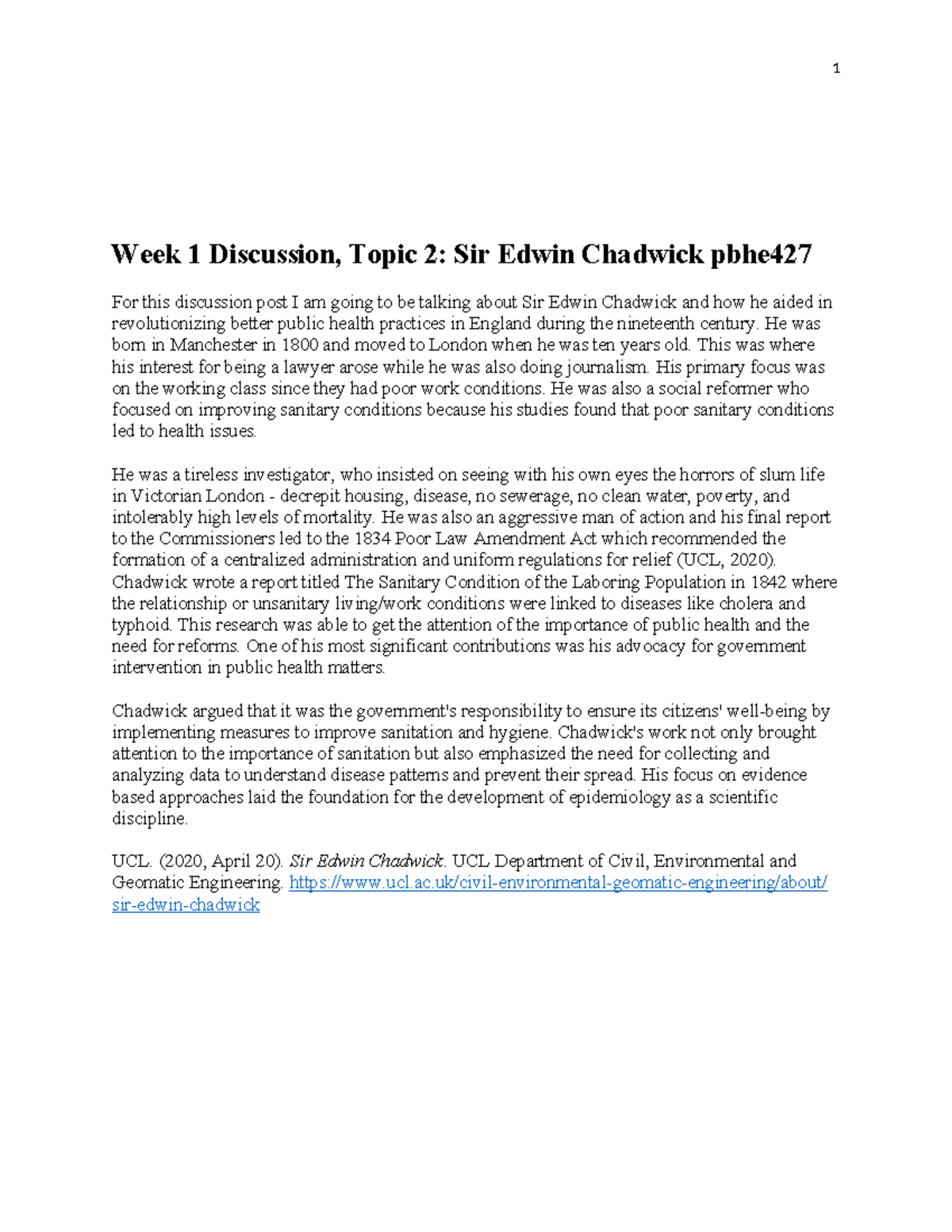 Week 1 Discussion: Sir Edwin Chadwick's Impact on Public Health ...