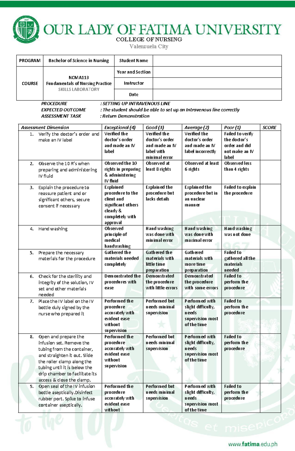Setting Up Intravenous Line: NCMA Skills Lab Rubric Evaluation - Studocu