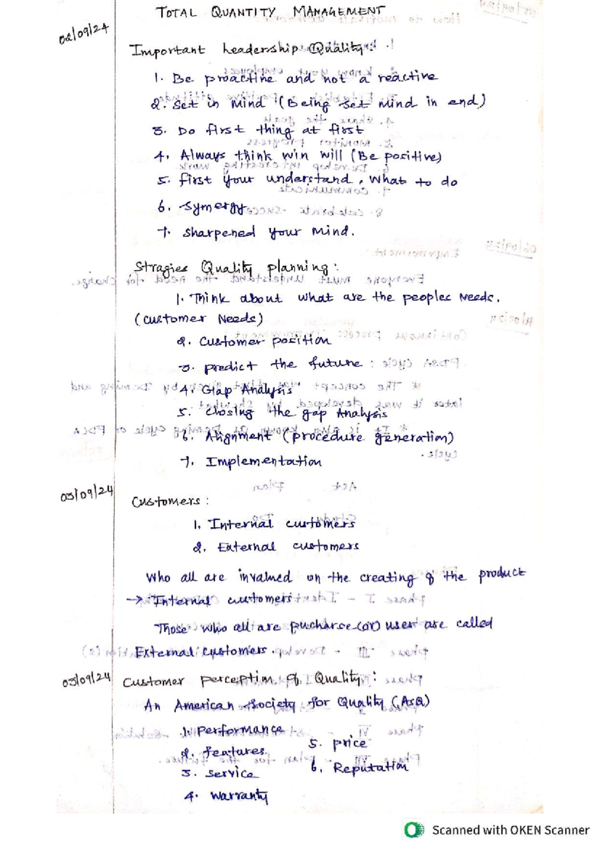 TQM short Notes - TOTAL QUANTITY MANAGEMENT woth Important headership ...