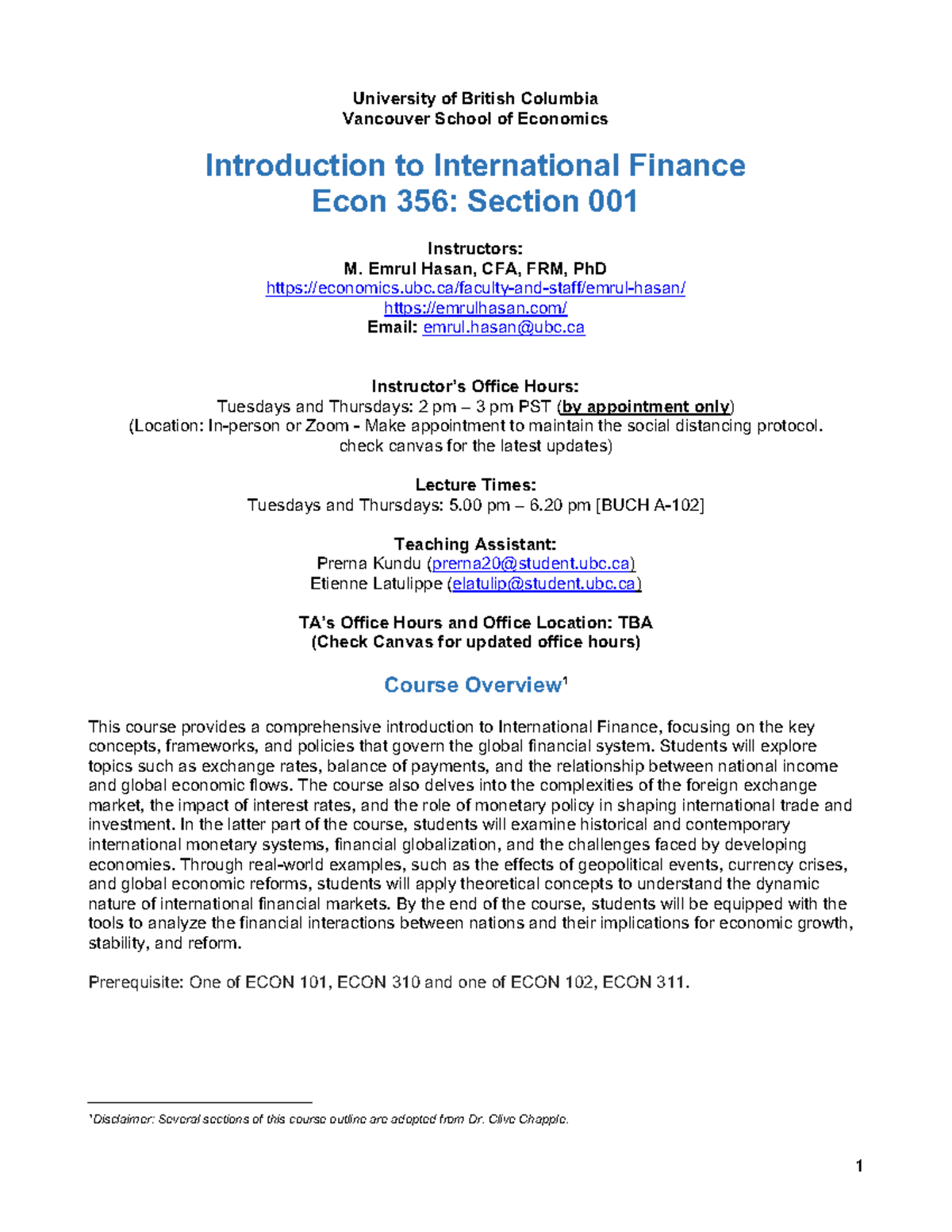 Course Outline - Econ 356 - Introduction to International Finance - Studocu