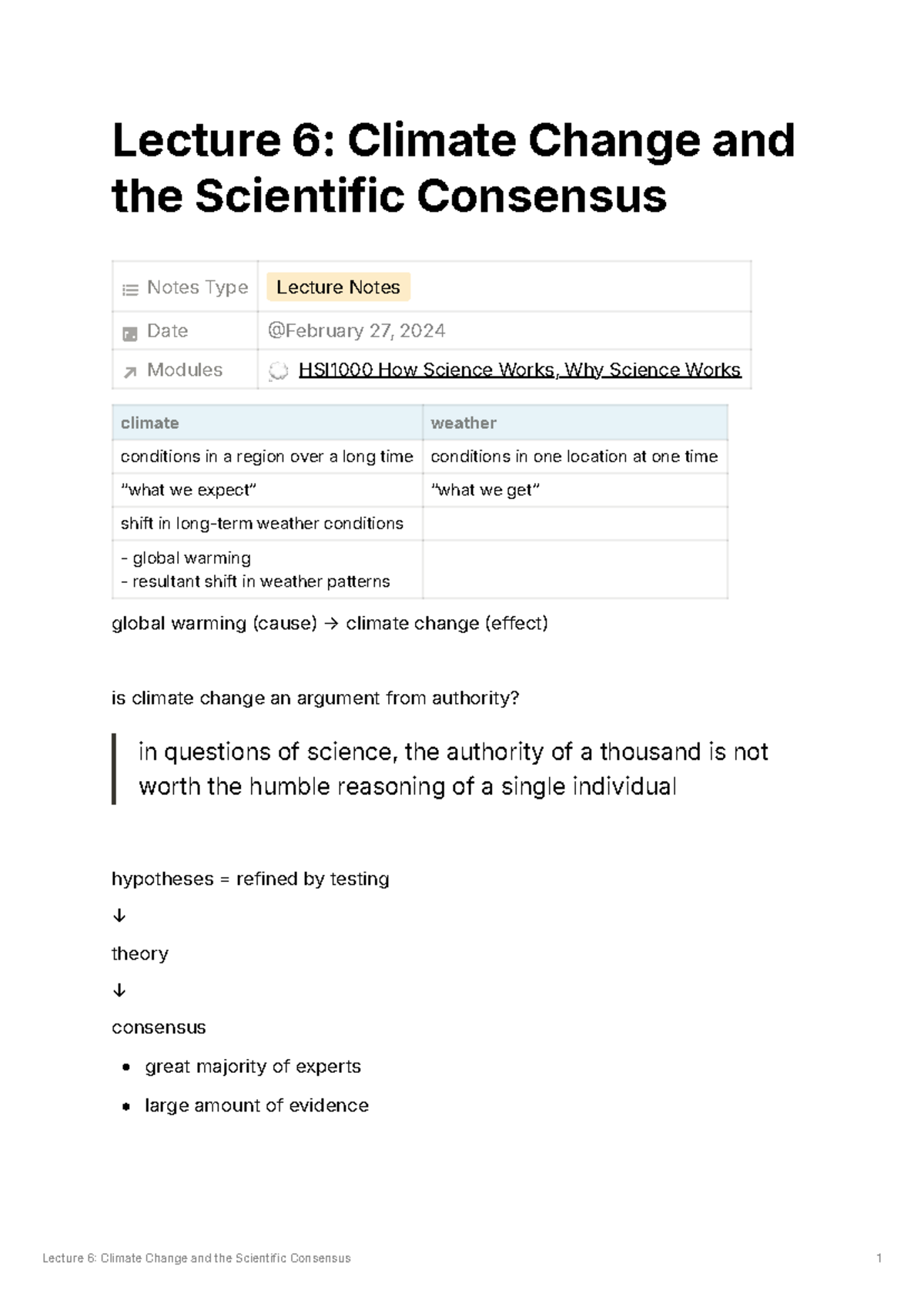 Lecture 6: Climate Change & Scientific Consensus Notes (Course Code ...
