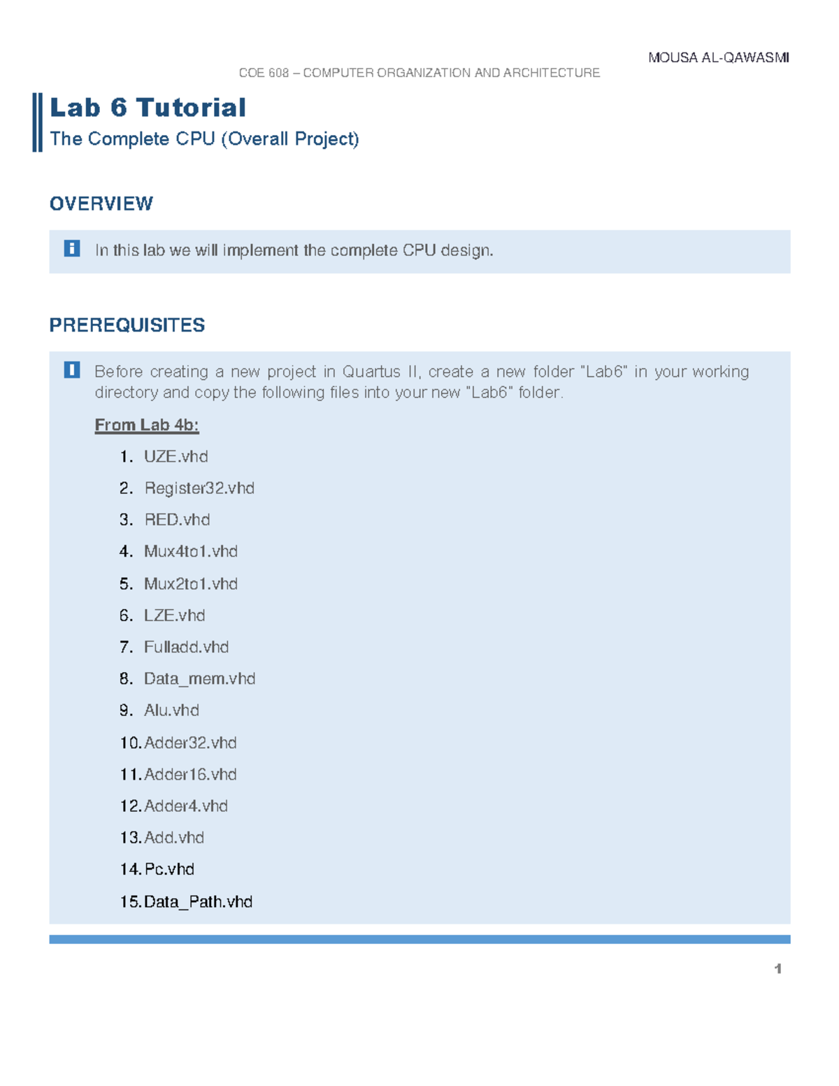 MOUSA COE 608 COMPUTER ORGANIZATION AND ARCHITECTURE Lab 6 CPU Design ...