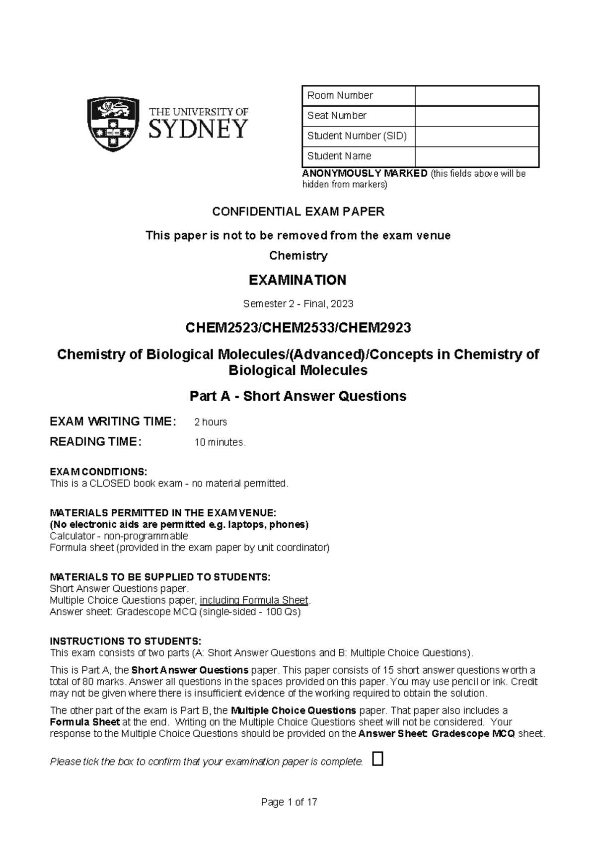 Final Exam Chemistry (CHEM 202) Short Answer Questions Revision - Studocu