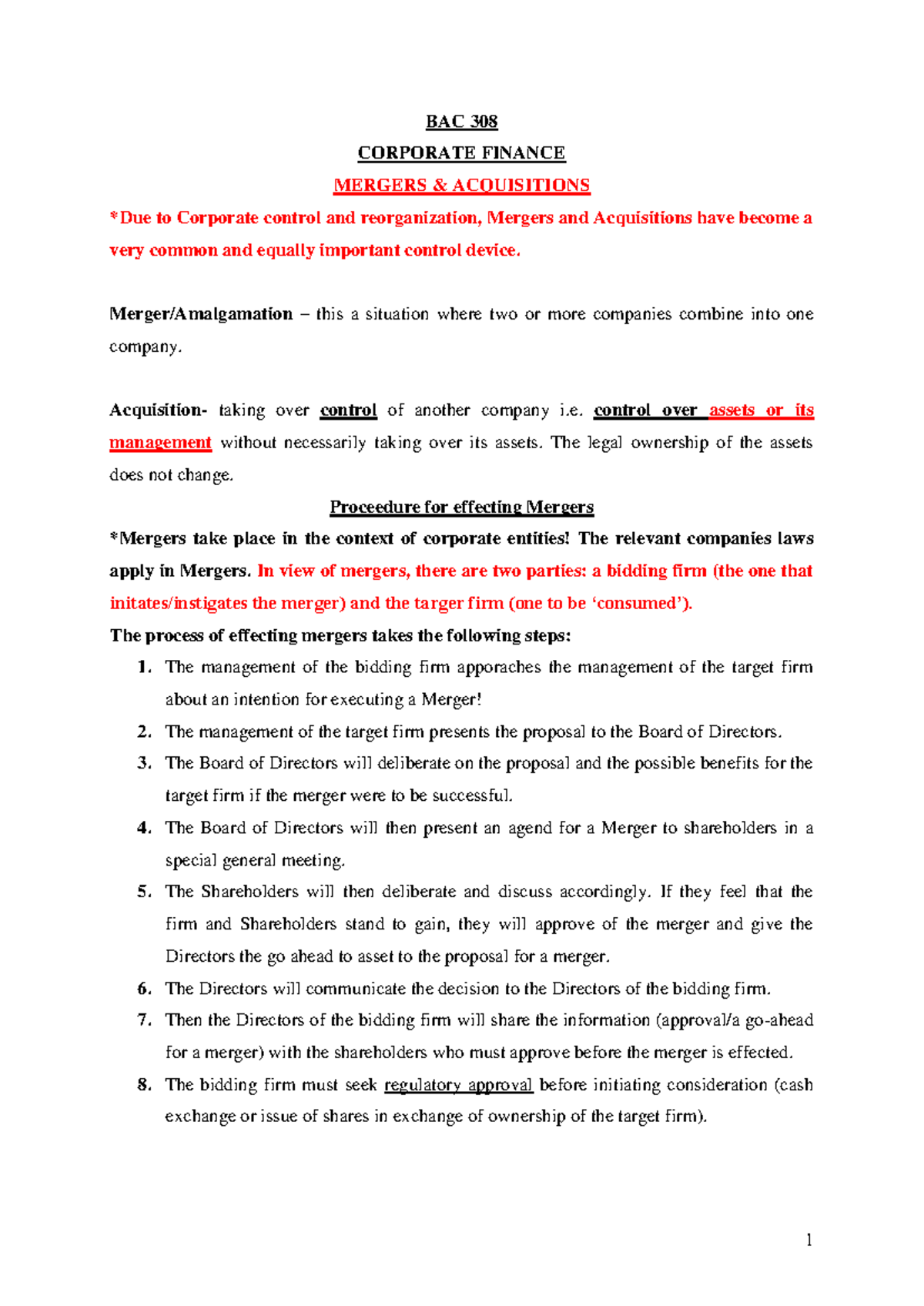 BAC 308 - Mergers and Acquisitions Lecture Notes - Studocu