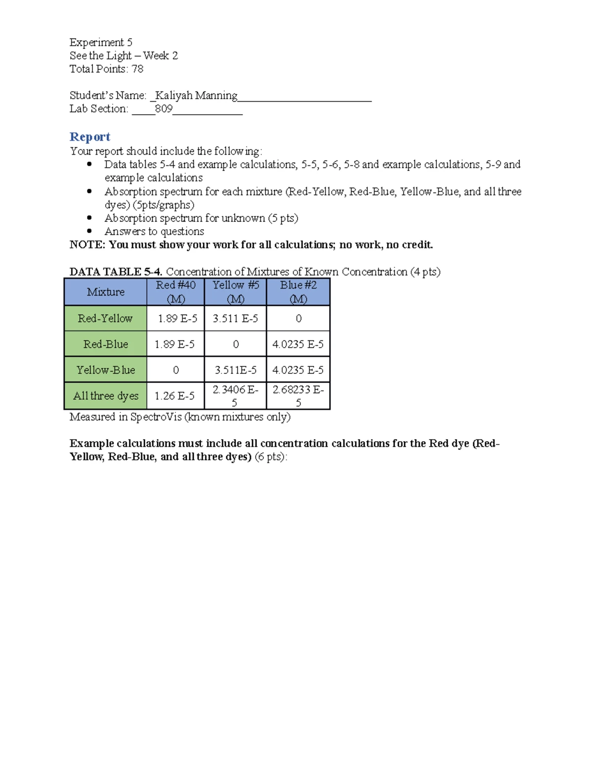 CHEM 109 Lab Report: Exp. 5 - See the Light Week 2 Analysis - Studocu